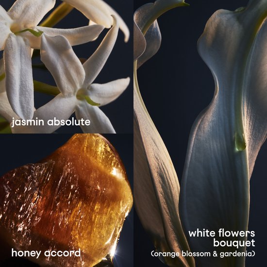 Collage van jasmijn, een honingachtige amberkleurige steen en witte bloemen zoals een oranjebloesem en gardenia.