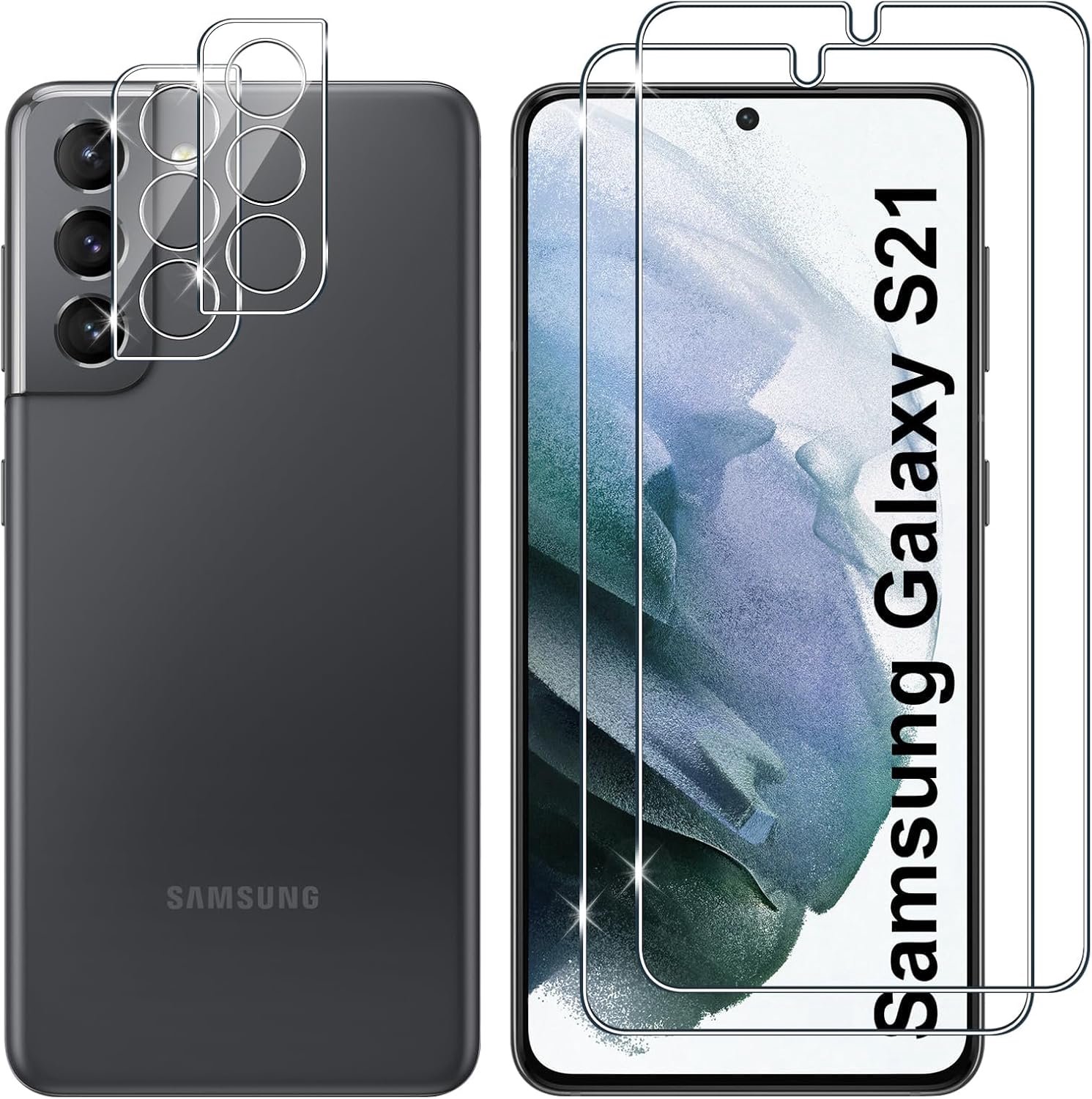 Gehard glas voor Samsung Galaxy S21 5G, 2 + 2 stuks displaybeschermfolie + cameralensbescherming, hardheid 9H, krasbestendig, gehard glas