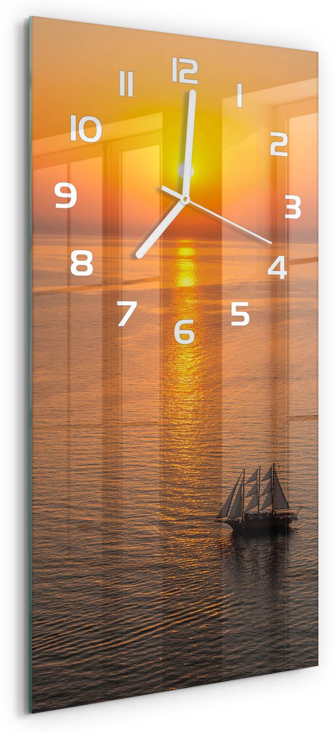 Tulup Wandklok - Zonsondergang Zee Klok Glas Met Opdruk - 30x60 cm - Oranje Moderne Wandklok Glas - Witte handen - Rechthoekige Klok - Decoratieve Glazen Klok - Glazen Wandklok Design