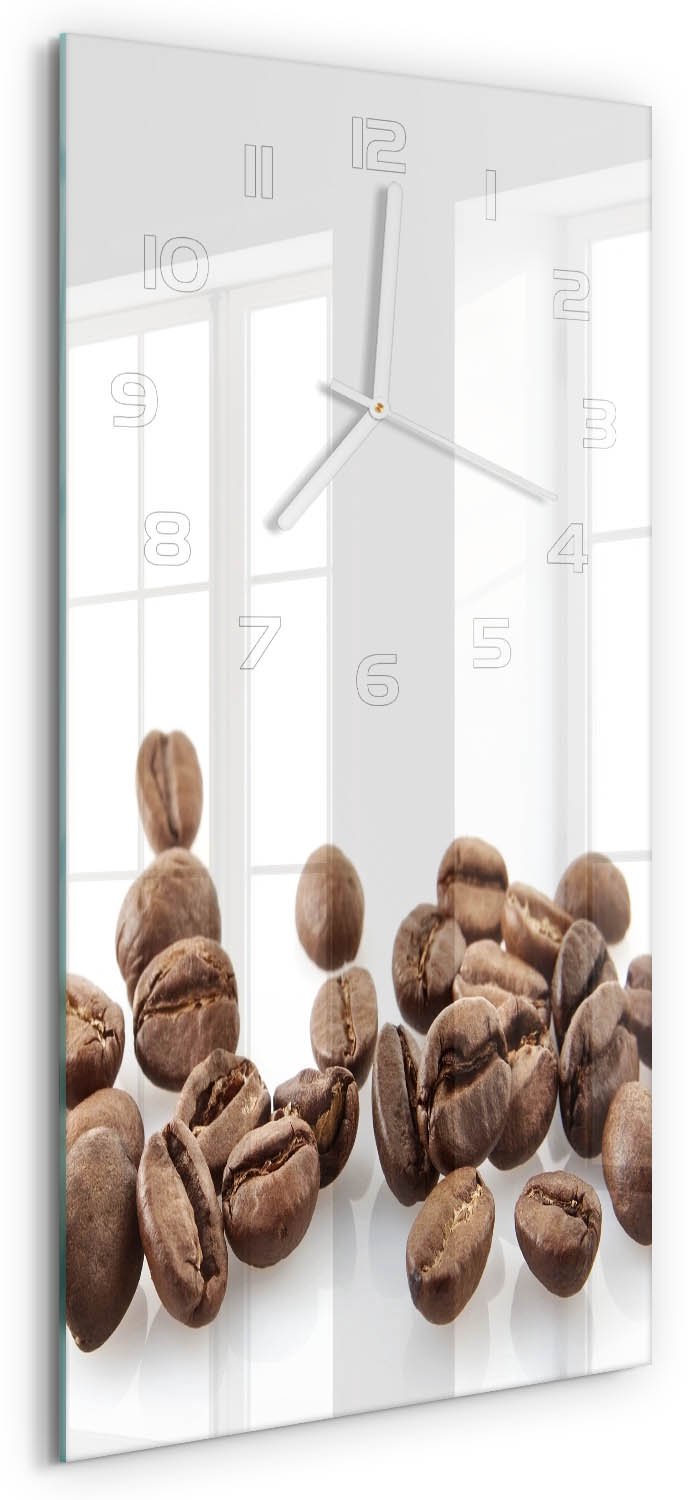 Tulup Wandklok - Koffiebonen Decoratieve Glazen Klok - 30x60 cm - Bruin Glazen Wandklok Design - Witte handen - Rechthoekige Klok - Glazen Klok Met Print - Wandklok Glas Met Motief