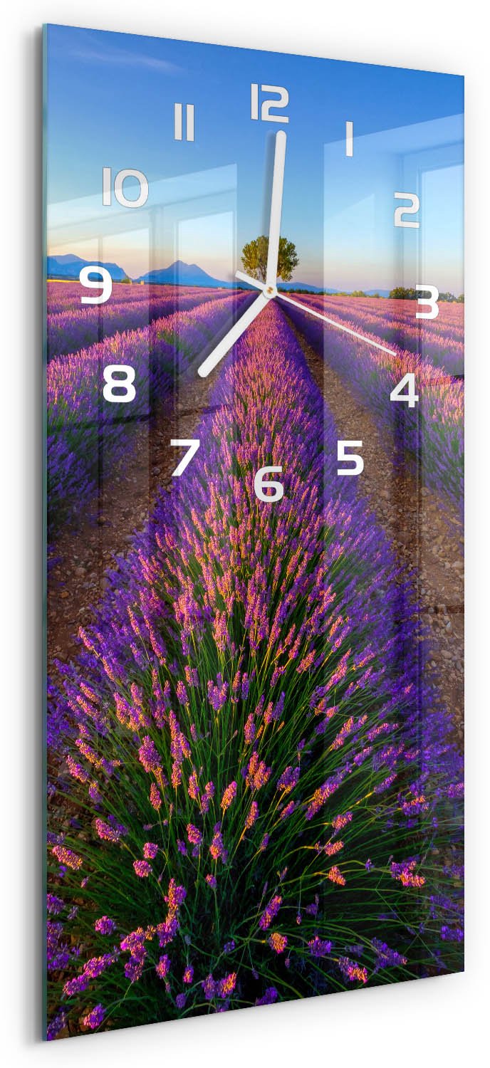 Tulup Wandklok - Lavendelveld Decoratieve Glazen Klok - 30x60 cm - Paars Glazen Wandklok Design - Witte handen - Rechthoekige Klok - Glazen Klok Met Print - Wandklok Glas Met Motief
