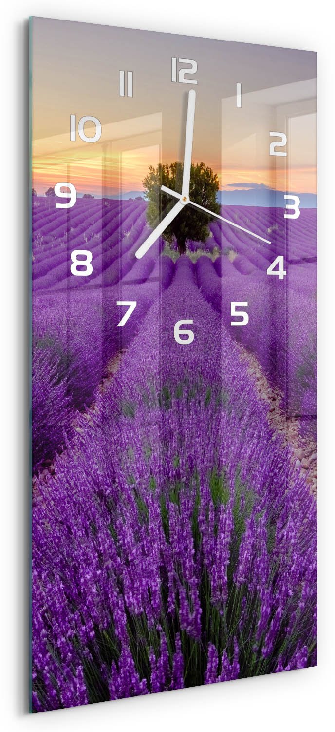 Tulup Wandklok - Lavendelveld Glazen Klok Met Print - 30x60 cm - Paars Wandklok Glas Met Motief - Witte handen - Rechthoekige Klok - Wandklok Glas Decoratie - Gekleurde Glazen Klok