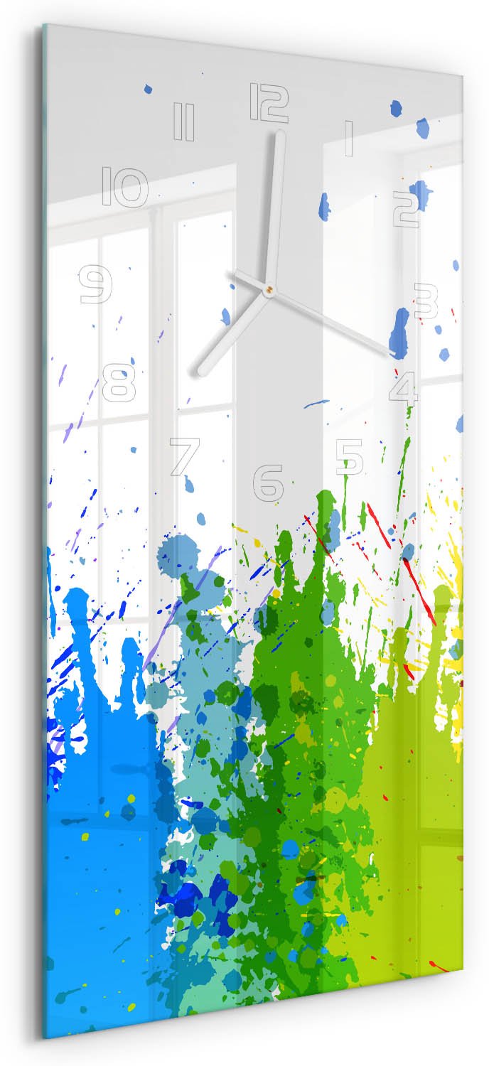 Tulup Wandklok - Abstracte regenboog Wandklok Glas Met Motief - 30x60 cm - Veelkleurig Decoratieve Glazen Klok - Witte handen - Rechthoekige Klok - Gekleurde Glazen Klok - Glazen Klok Met Print