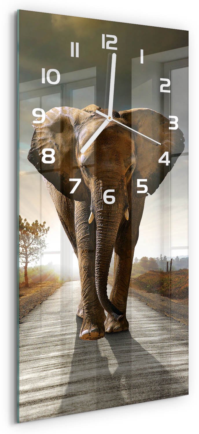 Tulup Wandklok - Wandelende olifant Wandklok Glas Decoratie - 30x60 cm - Bruin Gekleurde Glazen Klok - Witte handen - Rechthoekige Klok - Klok Glas Met Opdruk - Moderne Wandklok Glas
