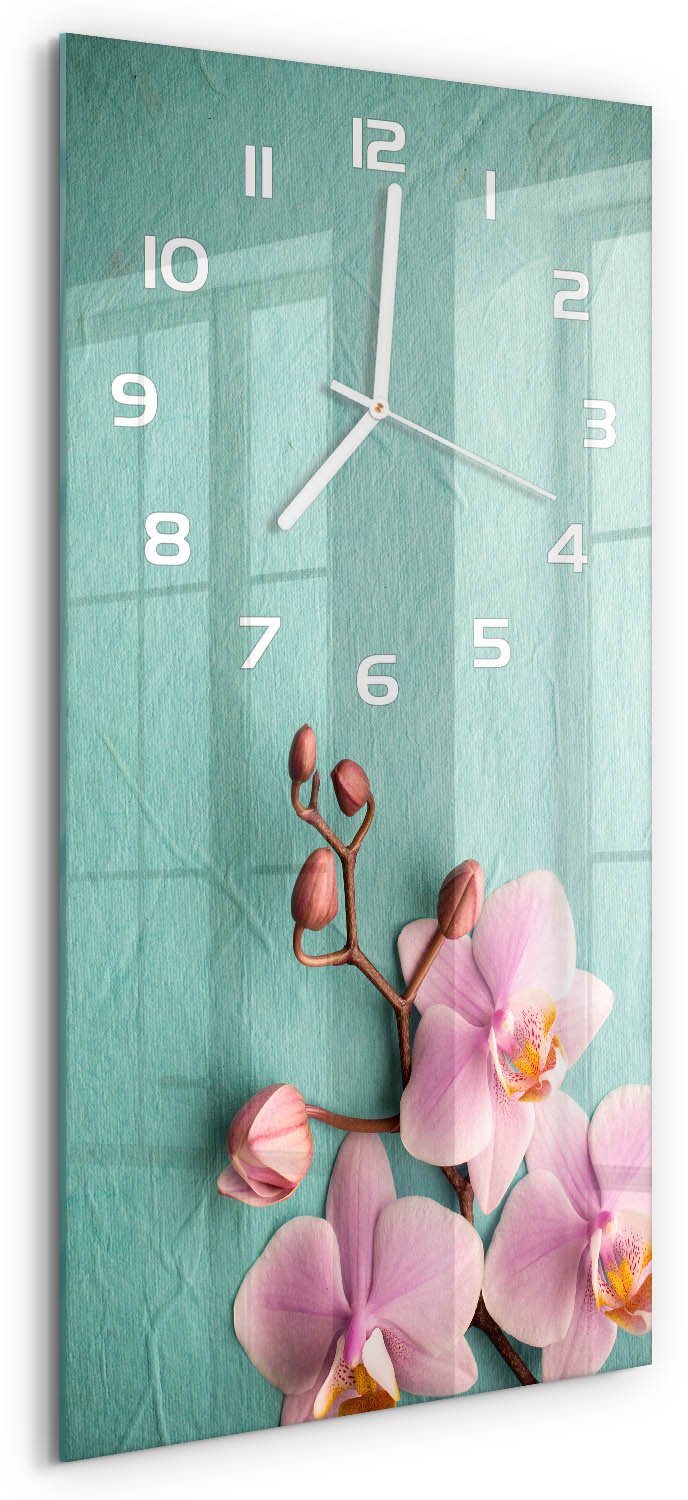 Tulup Wandklok - Orchidee Moderne Wandklok Glas - 30x60 cm - Roze Wandklok Glas Decoratie - Witte handen - Rechthoekige Klok - Glazen Wandklok Design - Klok Glas Met Opdruk