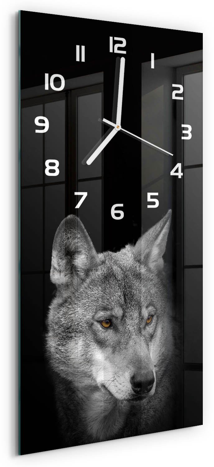 Tulup Wandklok - Wolf Klok Glas Met Opdruk - 30x60 cm - Grijs Moderne Wandklok Glas - Witte handen - Rechthoekige Klok - Decoratieve Glazen Klok - Glazen Wandklok Design