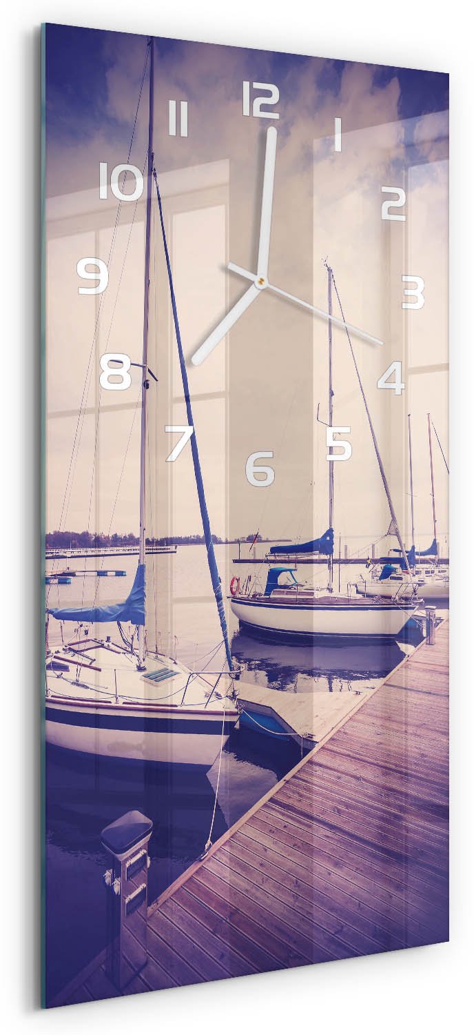 Tulup Wandklok - Jachten Glazen Wandklok Design - 30x60 cm - Blauw Klok Glas Met Opdruk - Witte handen - Rechthoekige Klok - Wandklok Glas Met Motief - Decoratieve Glazen Klok