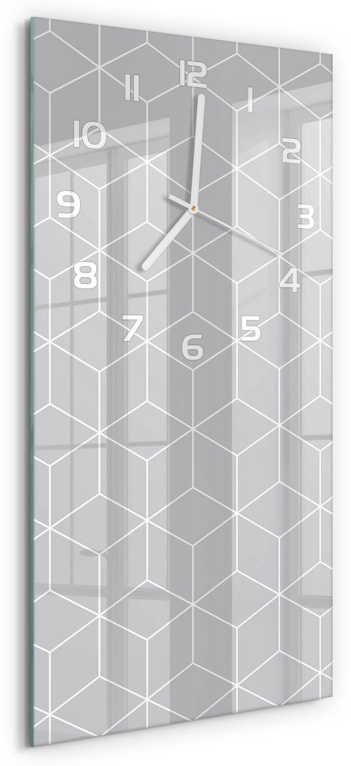 Tulup Wandklok - Geometrische achtergrond Klok Glas Met Opdruk - 30x60 cm - Grijs Moderne Wandklok Glas - Witte handen - Rechthoekige Klok - Decoratieve Glazen Klok - Glazen Wandklok Design