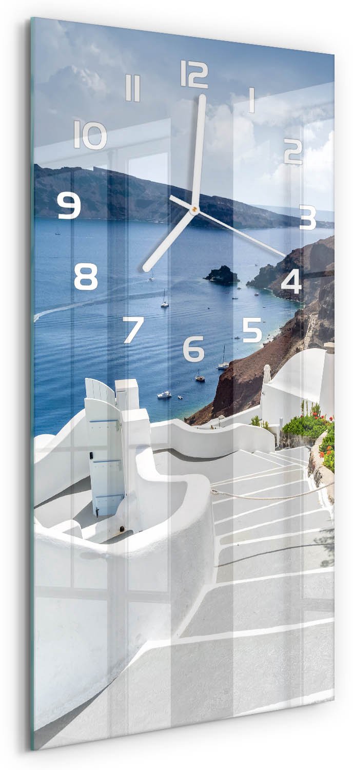 Tulup Wandklok - Santorini, Griekenland Moderne Wandklok Glas - 30x60 cm - Wit Wandklok Glas Decoratie - Witte handen - Rechthoekige Klok - Glazen Wandklok Design - Klok Glas Met Opdruk