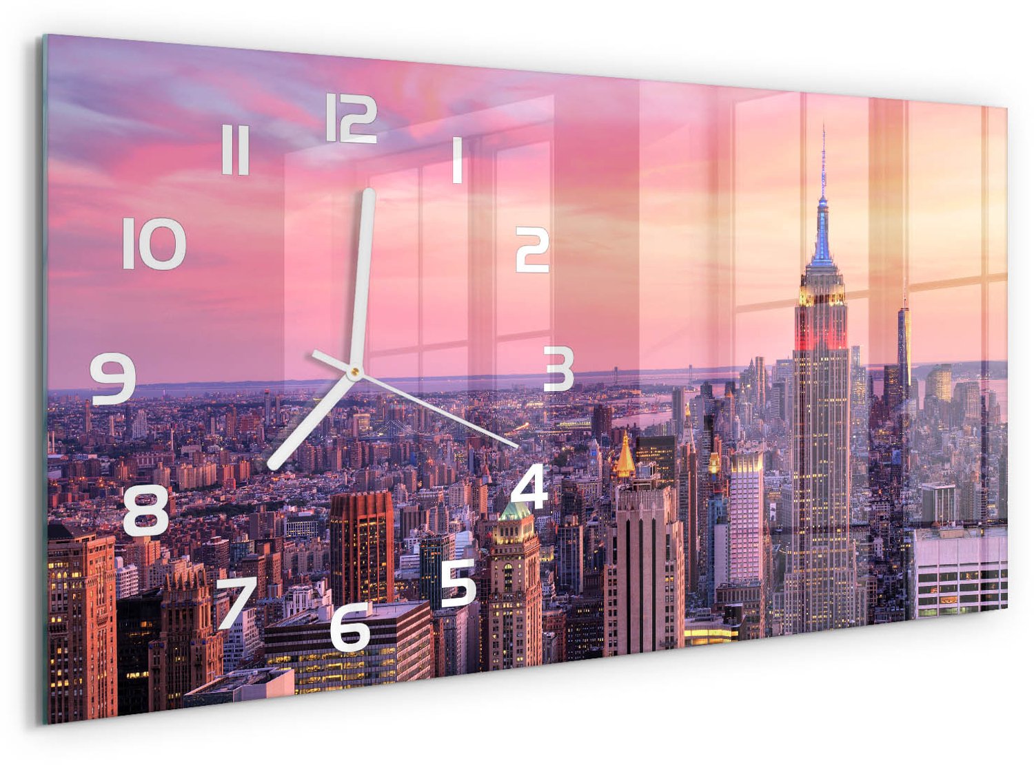 TULUP Wandklok - New York West Glazen Klok Met Print - 60x30 cm - Oranje Wandklok Glas Met Motief - Witte handen - Rechthoekige Klok - Wandklok Glas Decoratie - Gekleurde Glazen Klok