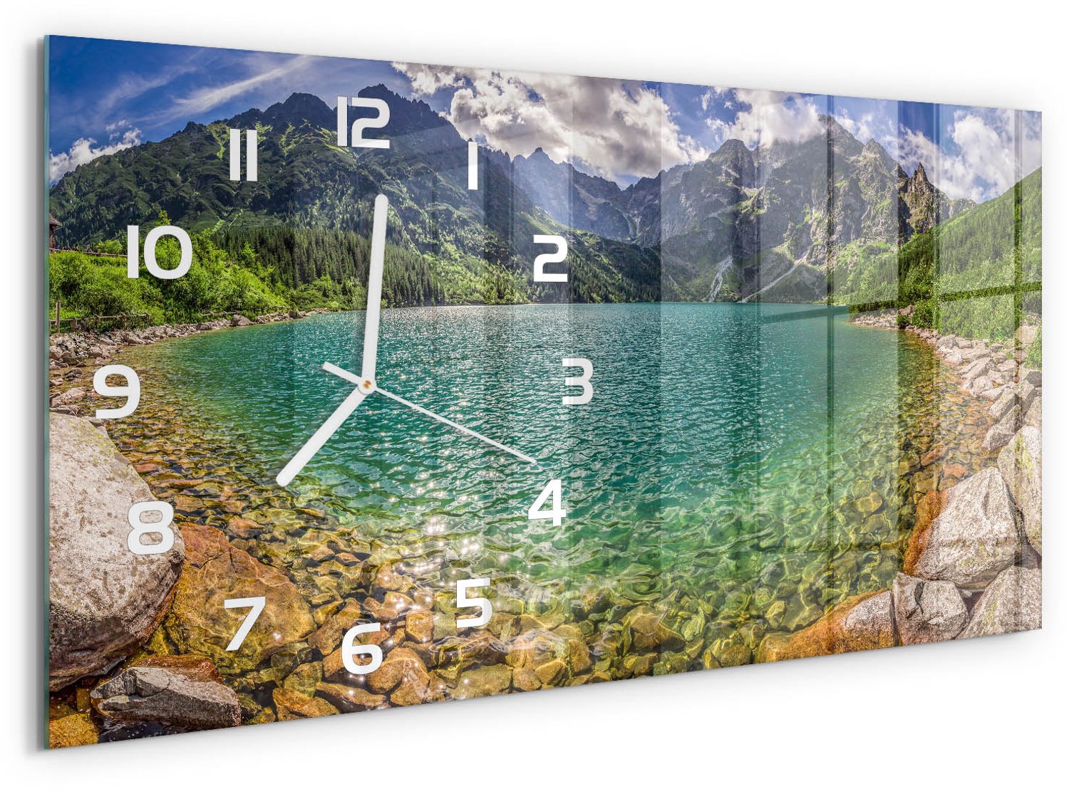 TULUP Wandklok - Meer in de bergen Klok Glas Met Opdruk - 60x30 cm - Veelkleurig Moderne Wandklok Glas - Witte handen - Rechthoekige Klok - Decoratieve Glazen Klok - Glazen Wandklok Design