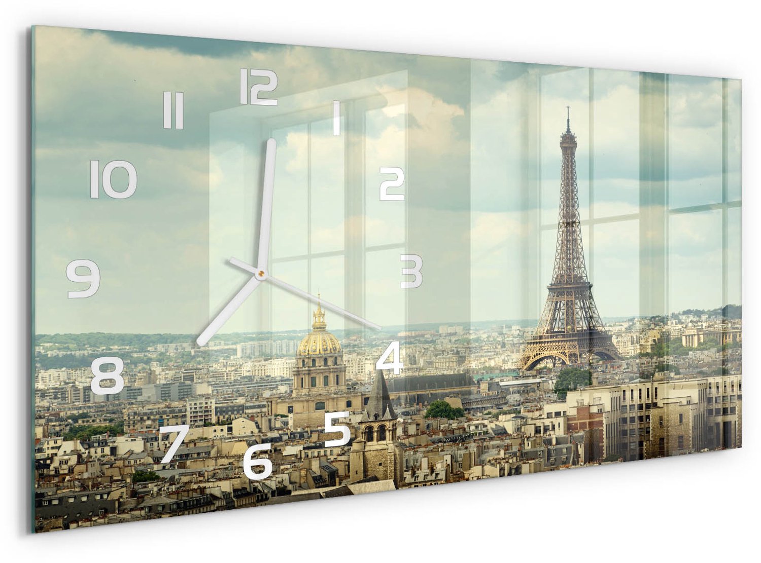 TULUP Wandklok - Eiffeltoren Parijs Gekleurde Glazen Klok - 60x30 cm - Beige Glazen Klok Met Print - Witte handen - Rechthoekige Klok - Moderne Wandklok Glas - Wandklok Glas Decoratie