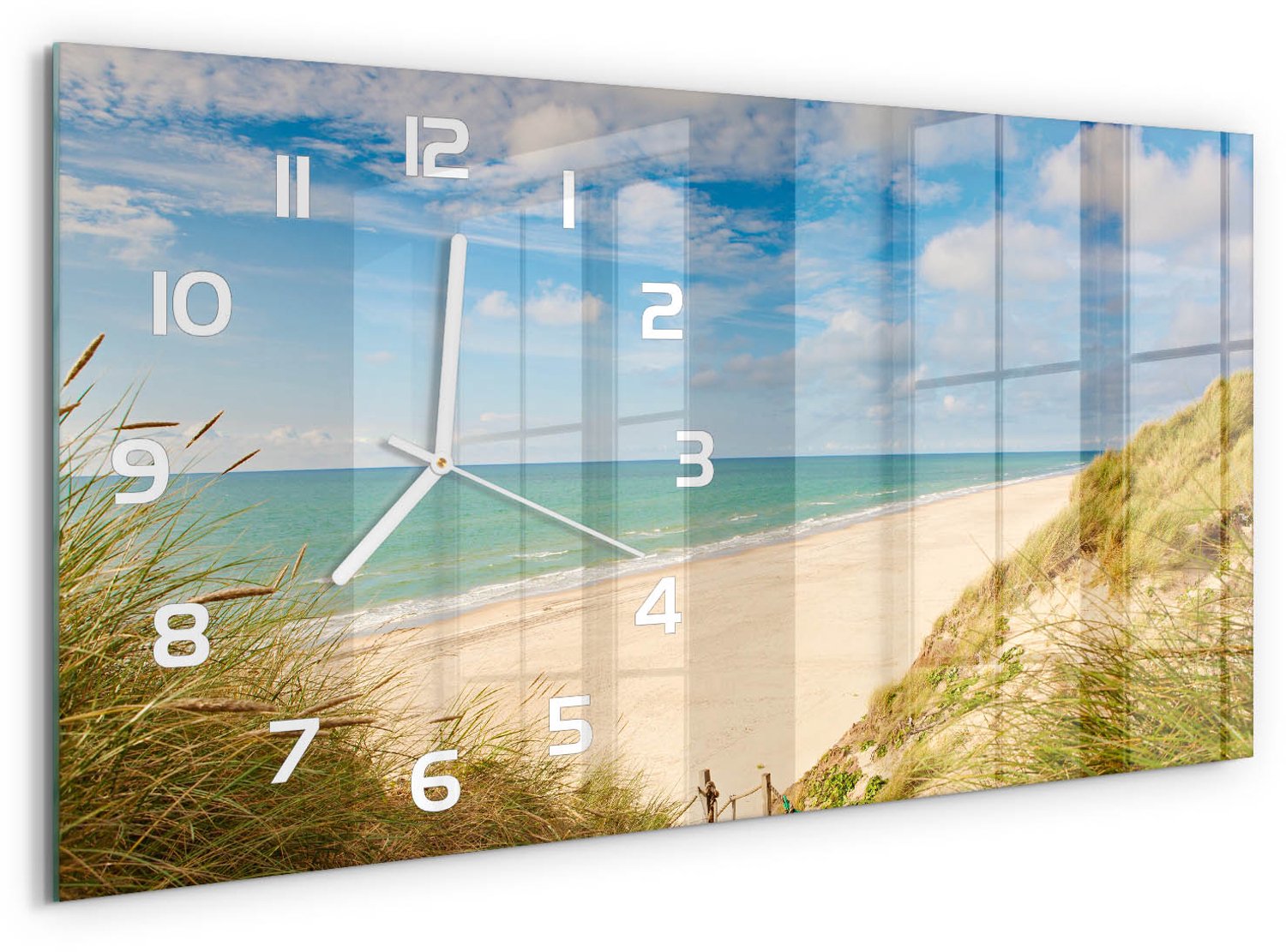 TULUP Wandklok - Duin aan zee Gekleurde Glazen Klok - 60x30 cm - Blauw Glazen Klok Met Print - Witte handen - Rechthoekige Klok - Moderne Wandklok Glas - Wandklok Glas Decoratie
