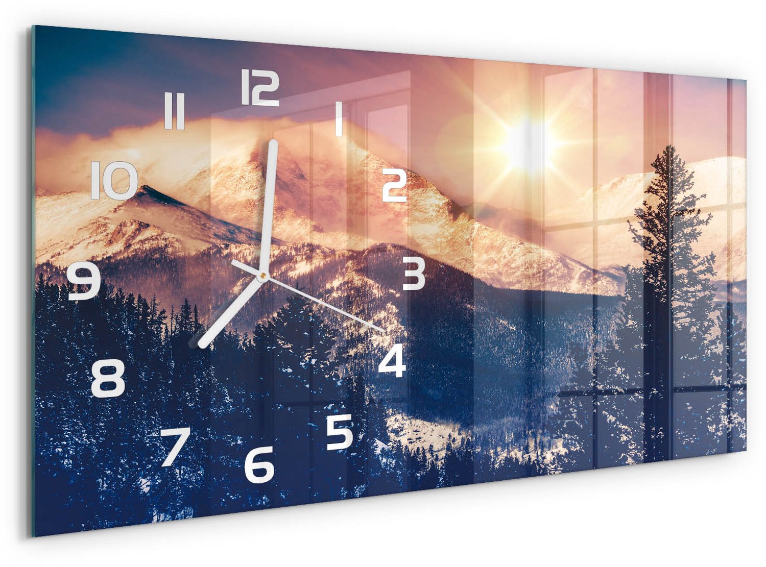TULUP Wandklok - De zon boven de bergen Wandklok Glas Met Motief - 60x30 cm - Geel Decoratieve Glazen Klok - Witte handen - Rechthoekige Klok - Gekleurde Glazen Klok - Glazen Klok Met Print
