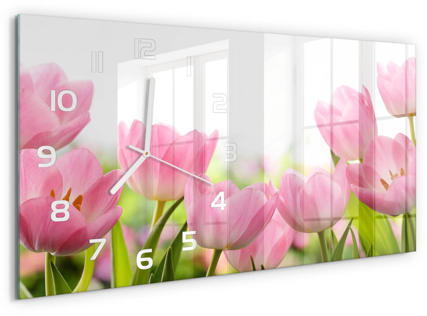 TULUP Wandklok - Roze tulpen Wandklok Glas Decoratie - 60x30 cm - Roze Gekleurde Glazen Klok - Witte handen - Rechthoekige Klok - Klok Glas Met Opdruk - Moderne Wandklok Glas