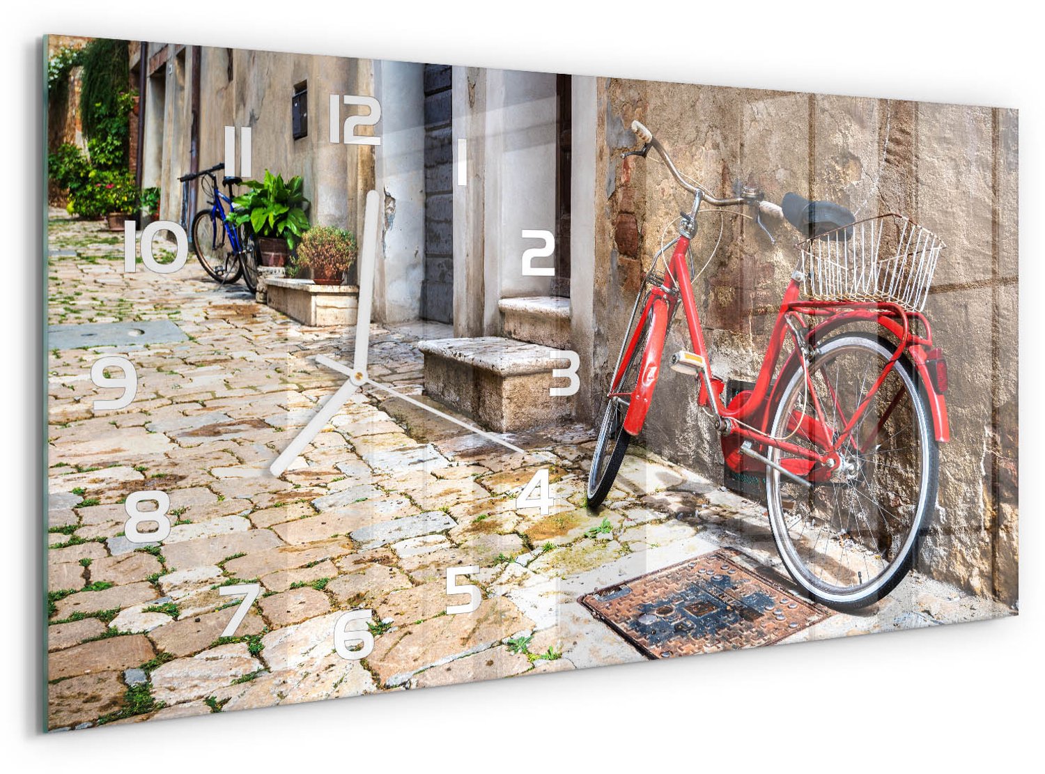 TULUP Wandklok - Rode fiets Wandklok Glas Met Motief - 60x30 cm - Rood Decoratieve Glazen Klok - Witte handen - Rechthoekige Klok - Gekleurde Glazen Klok - Glazen Klok Met Print