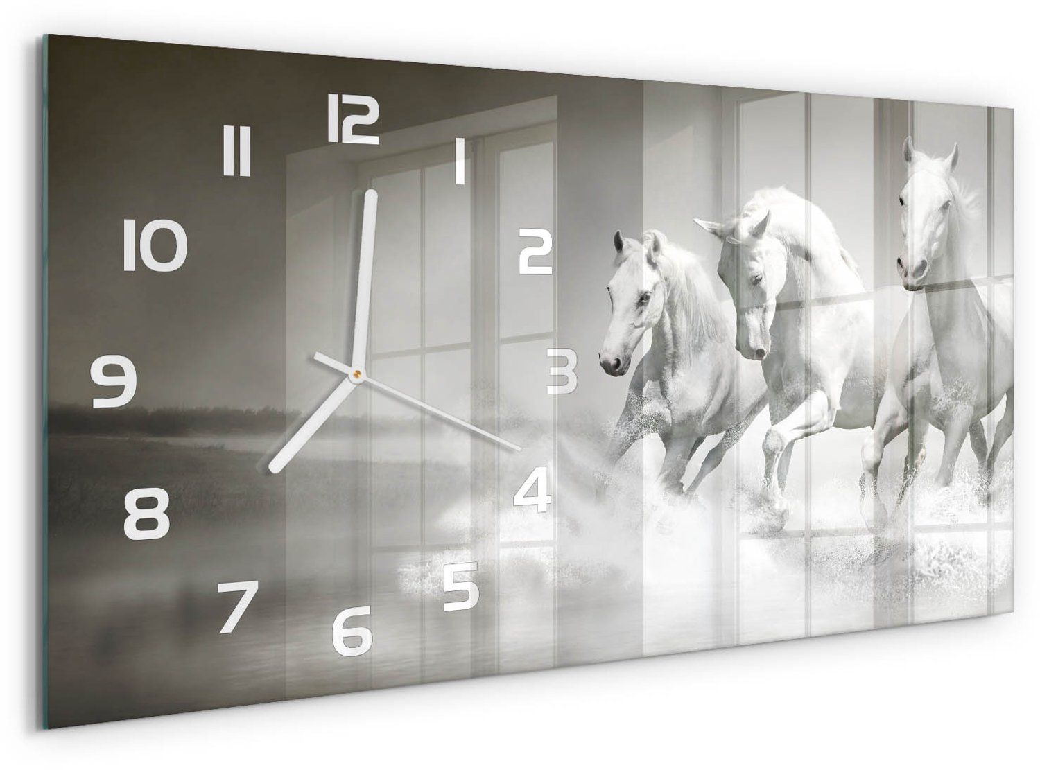 TULUP Wandklok - Witte paarden Glazen Wandklok Design - 60x30 cm - Wit Klok Glas Met Opdruk - Witte handen - Rechthoekige Klok - Wandklok Glas Met Motief - Decoratieve Glazen Klok