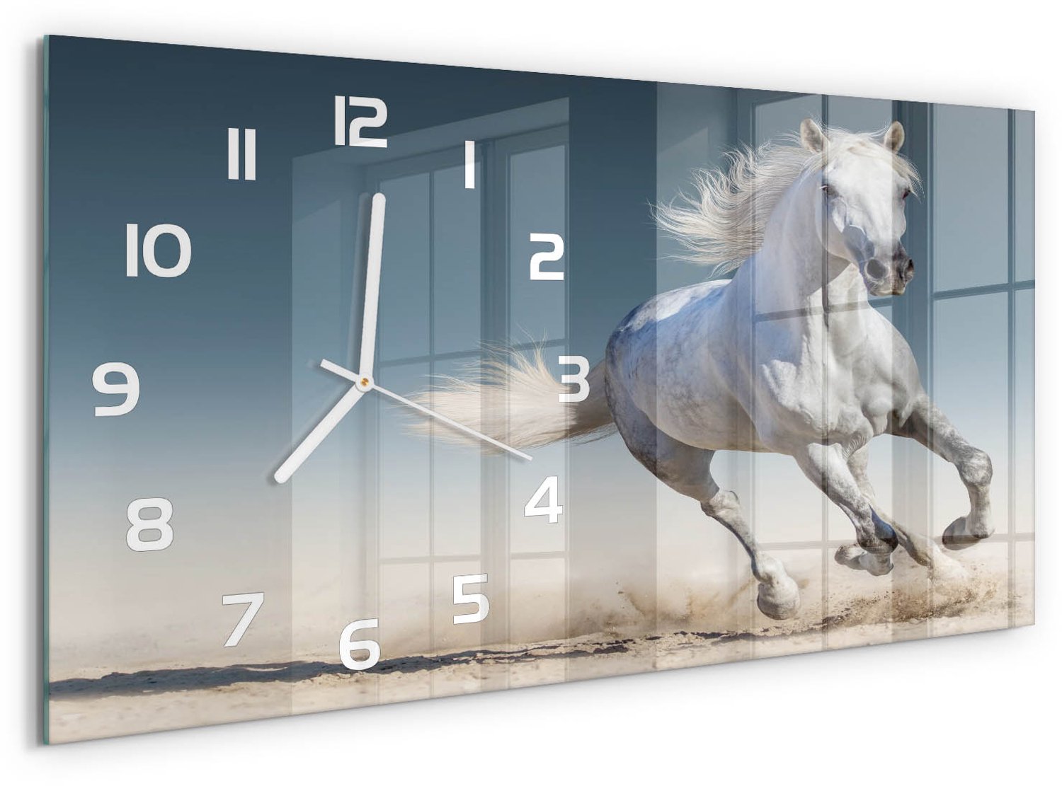 TULUP Wandklok - Galopperend grijs paard Wandklok Glas Decoratie - 60x30 cm - Wit Gekleurde Glazen Klok - Witte handen - Rechthoekige Klok - Klok Glas Met Opdruk - Moderne Wandklok Glas