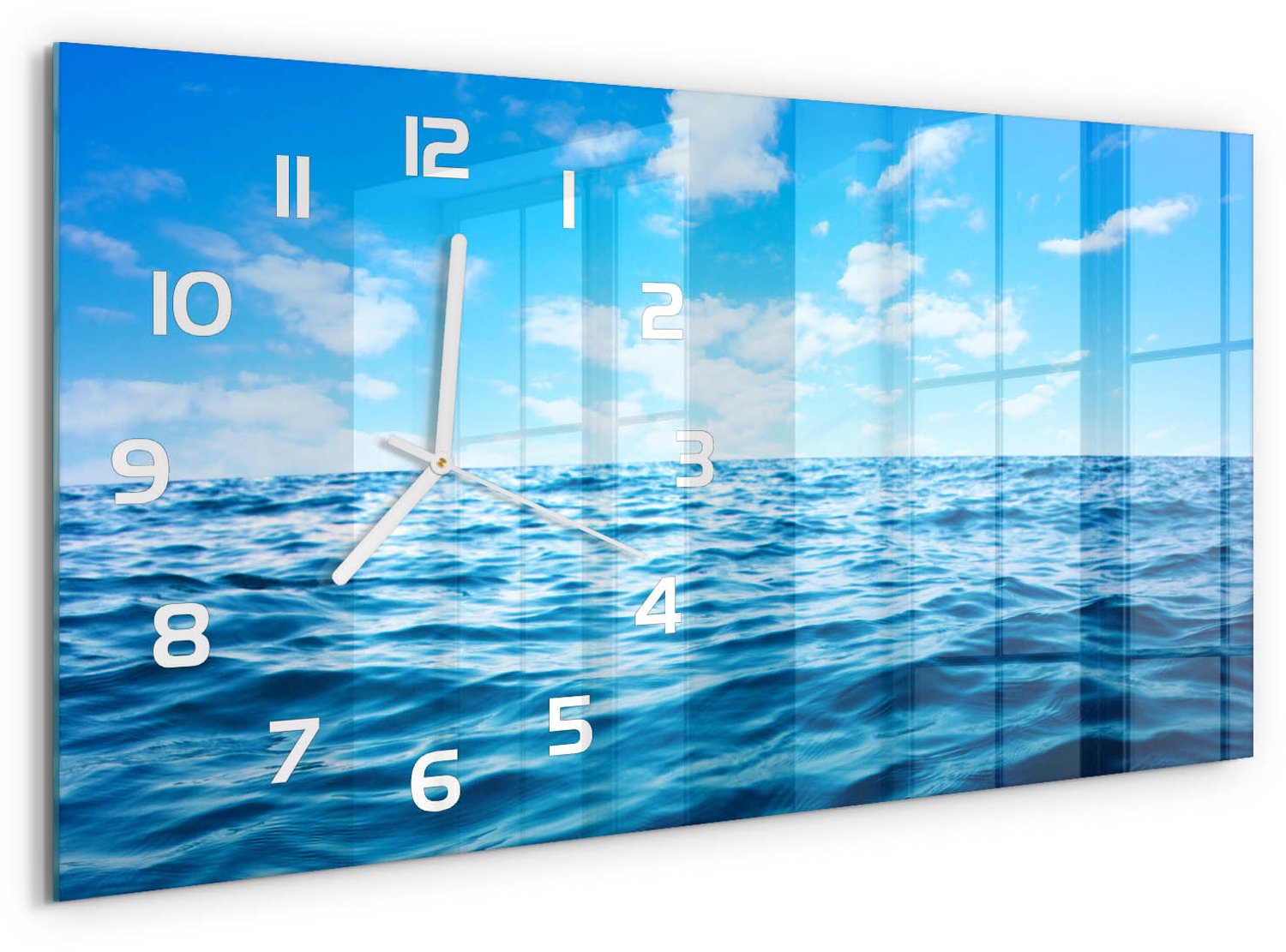 TULUP Wandklok - Zeewater Wandklok Glas Decoratie - 60x30 cm - Blauw Gekleurde Glazen Klok - Witte handen - Rechthoekige Klok - Klok Glas Met Opdruk - Moderne Wandklok Glas