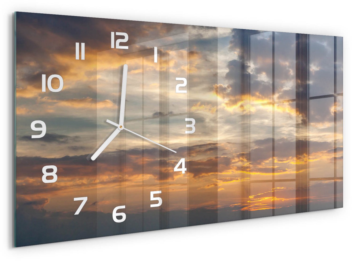 TULUP Wandklok - Zonsondergang Wandklok Glas Met Motief - 60x30 cm - Oranje Decoratieve Glazen Klok - Witte handen - Rechthoekige Klok - Gekleurde Glazen Klok - Glazen Klok Met Print