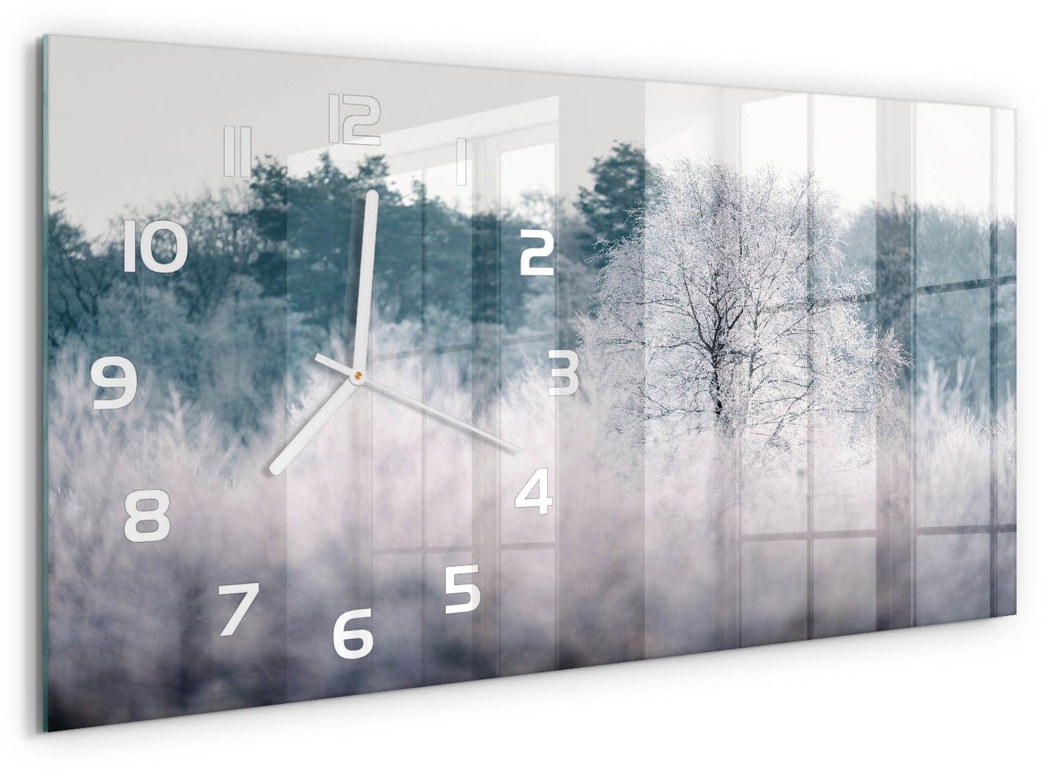 TULUP Wandklok - Winterbomen Glazen Wandklok Design - 60x30 cm - Grijs Klok Glas Met Opdruk - Witte handen - Rechthoekige Klok - Wandklok Glas Met Motief - Decoratieve Glazen Klok