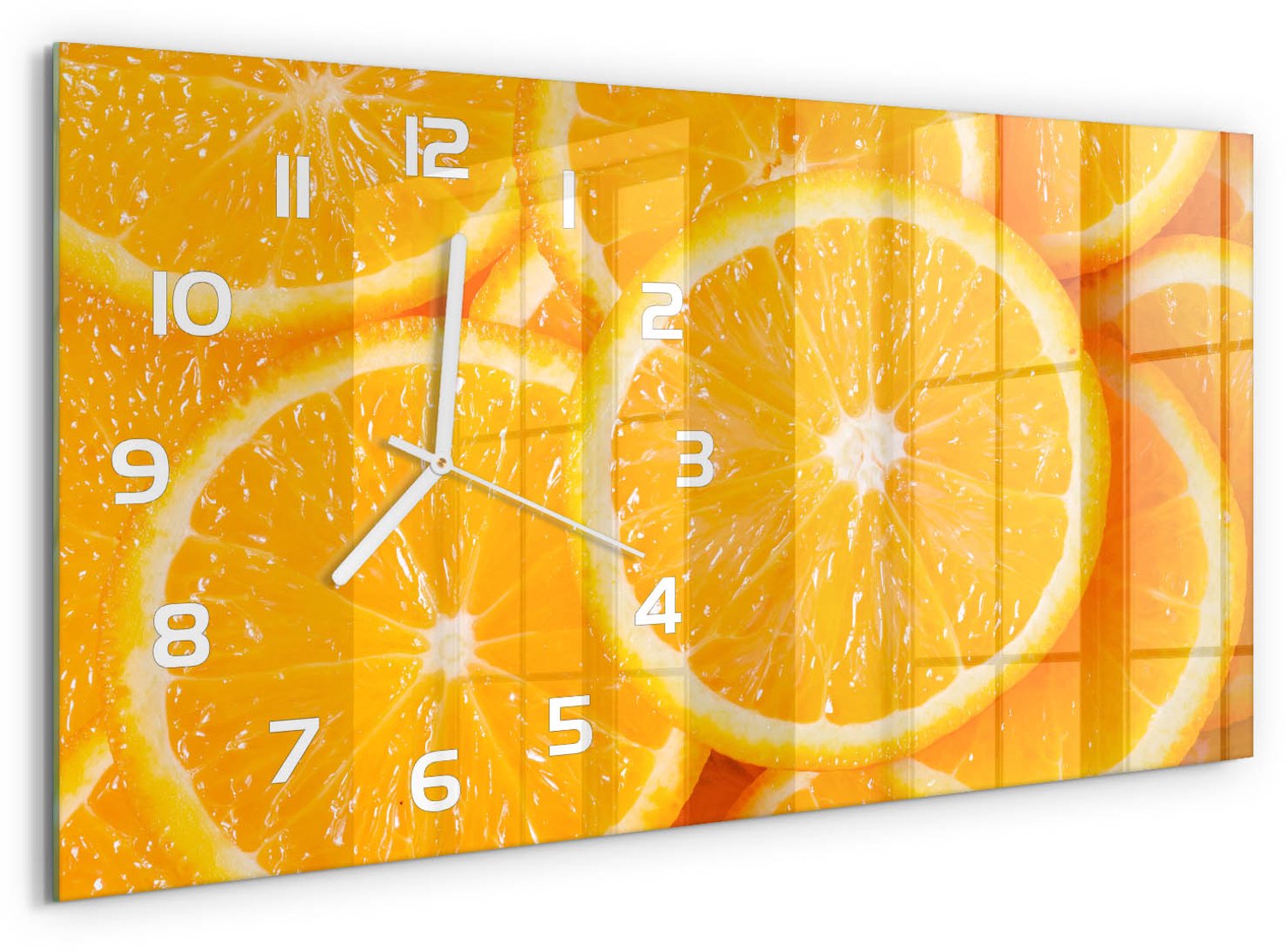 TULUP Wandklok - Sinaasappelschijfjes Moderne Wandklok Glas - 60x30 cm - Oranje Wandklok Glas Decoratie - Witte handen - Rechthoekige Klok - Glazen Wandklok Design - Klok Glas Met Opdruk