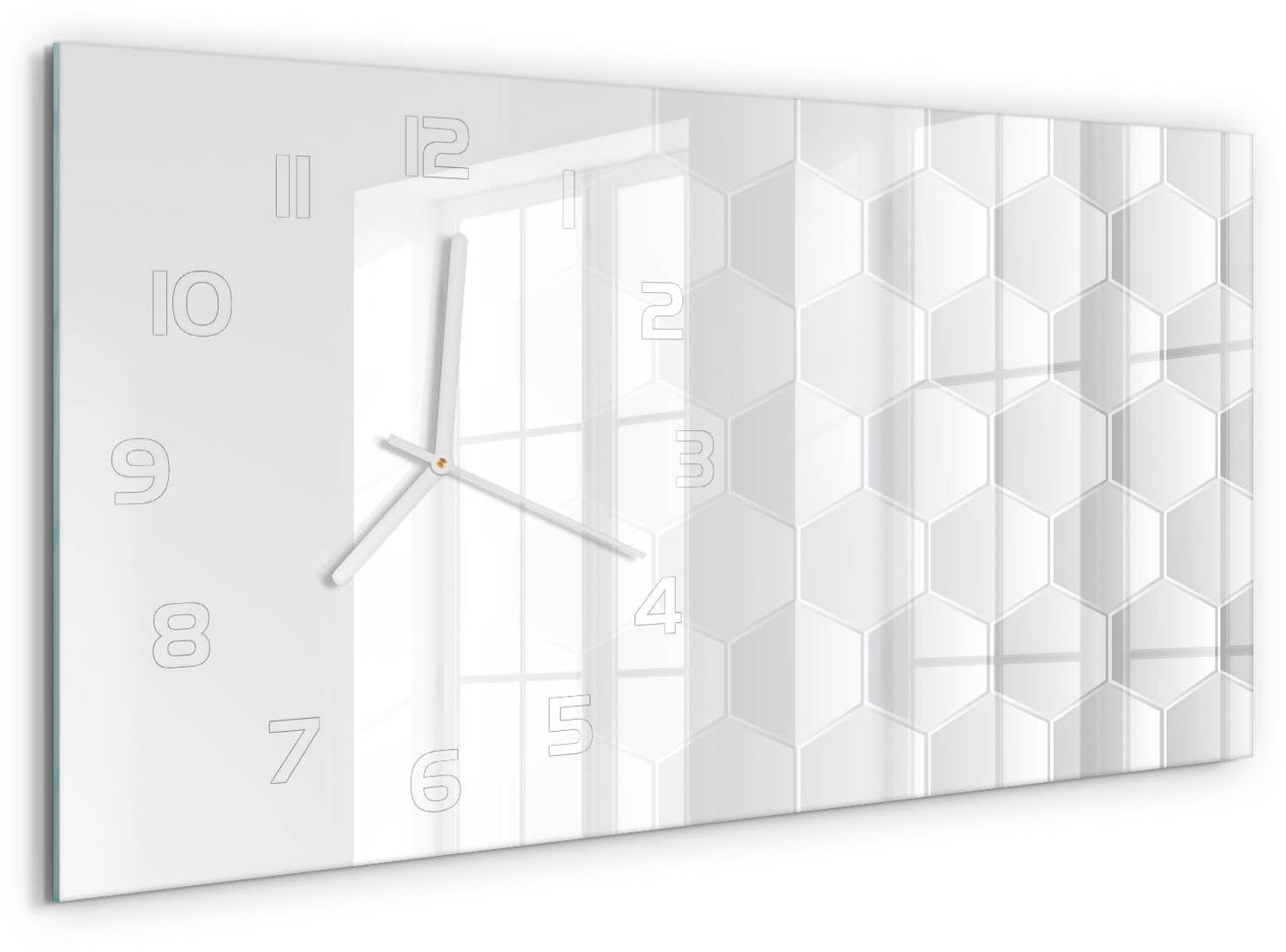 TULUP Wandklok - Zeshoekige achtergrond Wandklok Glas Met Motief - 60x30 cm - Wit Decoratieve Glazen Klok - Witte handen - Rechthoekige Klok - Gekleurde Glazen Klok - Glazen Klok Met Print