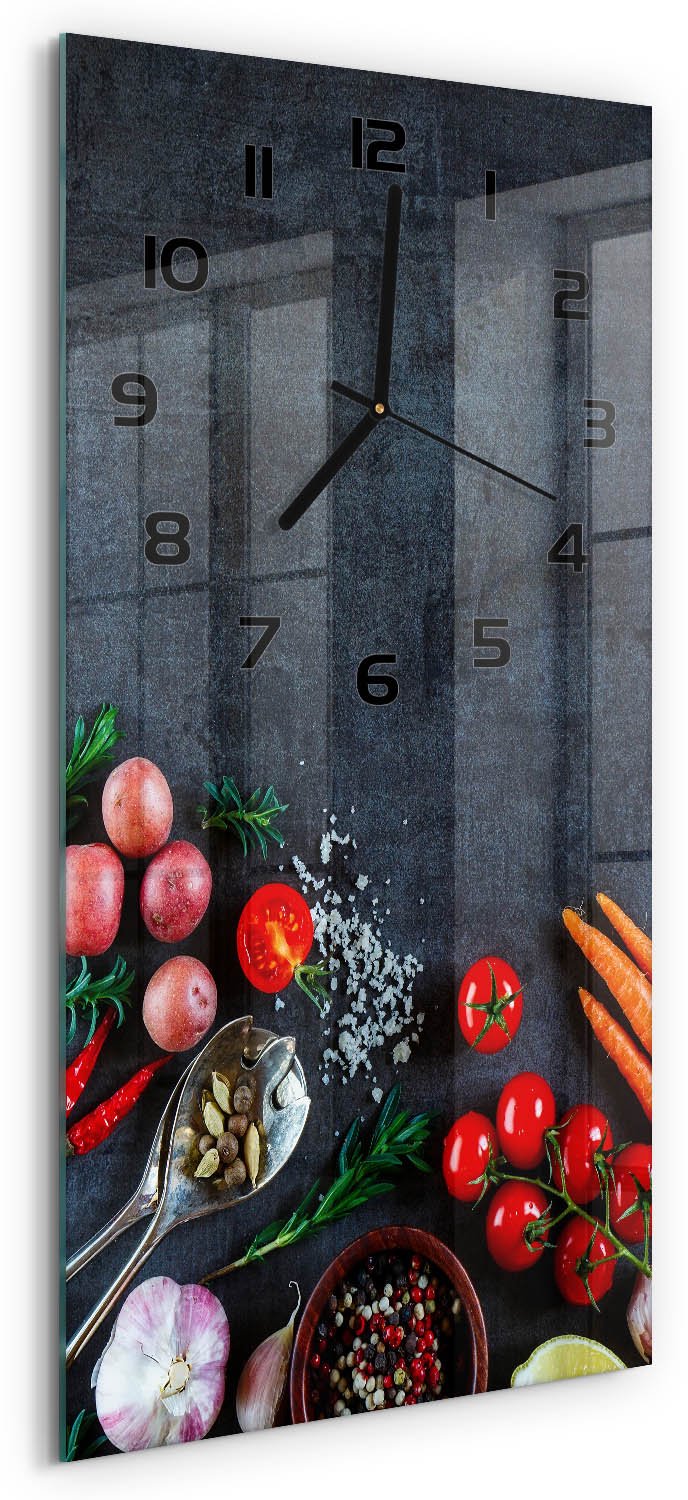 Tulup Wandklok - Ingrediënten Klok Glas Met Opdruk - 30x60 cm - Veelkleurig Moderne Wandklok Glas - Zwarte handen - Rechthoekige Klok - Decoratieve Glazen Klok - Glazen Wandklok Design