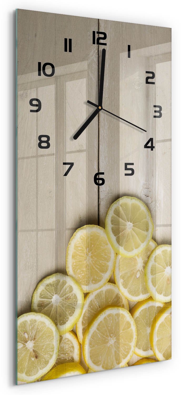 Tulup Wandklok - Citroenhout Decoratieve Glazen Klok - 30x60 cm - Geel Glazen Wandklok Design - Zwarte handen - Rechthoekige Klok - Glazen Klok Met Print - Wandklok Glas Met Motief