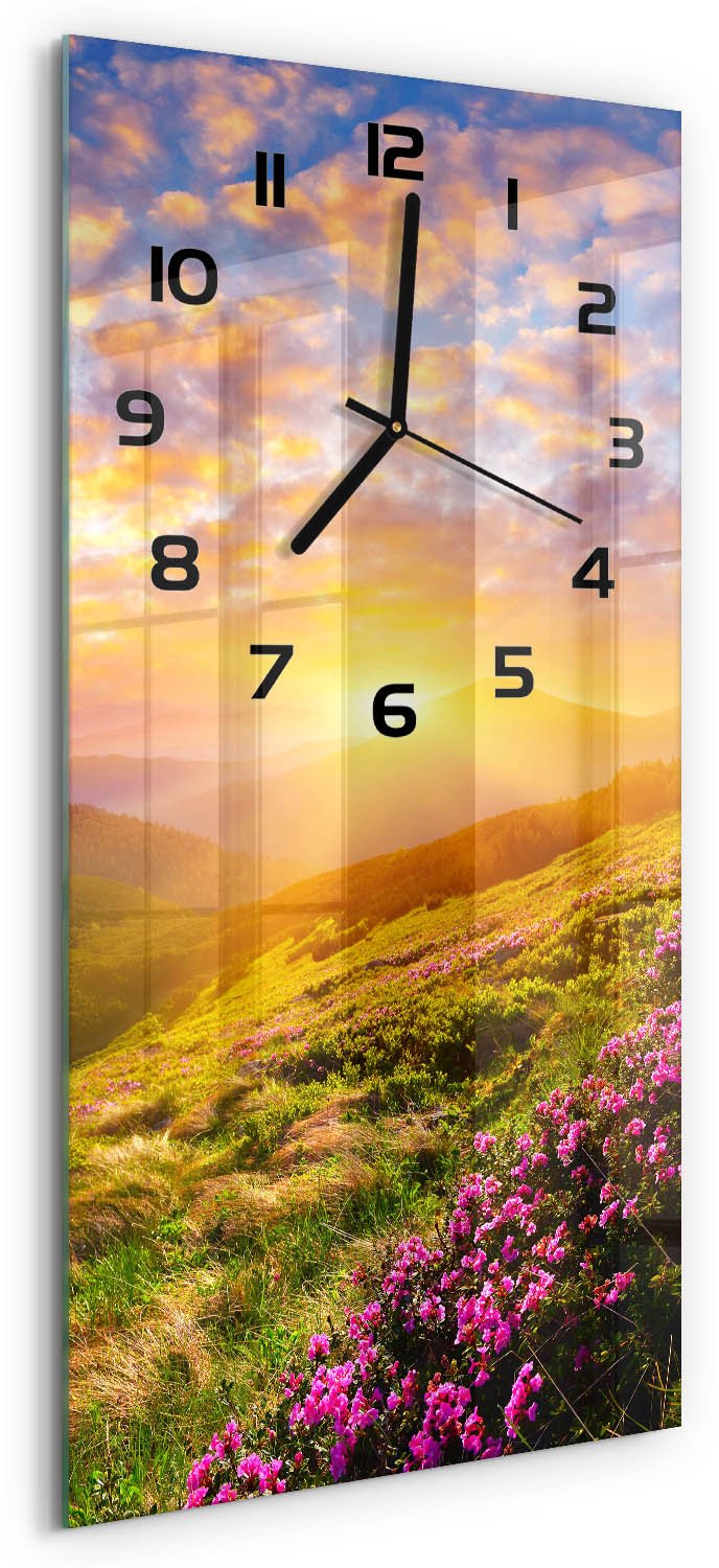 Tulup Wandklok - Bergen bij zonsondergang Glazen Klok Met Print - 30x60 cm - Veelkleurig Wandklok Glas Met Motief - Zwarte handen - Rechthoekige Klok - Wandklok Glas Decoratie - Gekleurde Glazen Klok