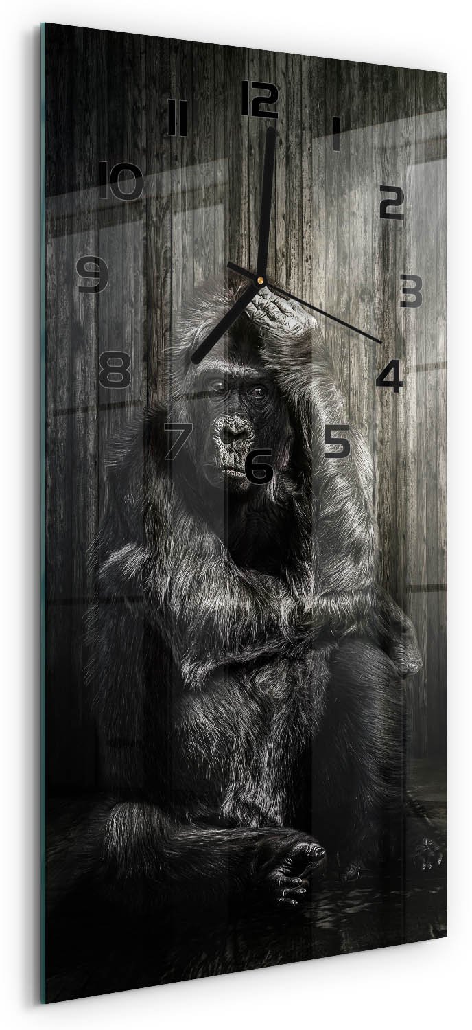Tulup Wandklok - Gorilla Glazen Wandklok Design - 30x60 cm - Zwart Klok Glas Met Opdruk - Zwarte handen - Rechthoekige Klok - Wandklok Glas Met Motief - Decoratieve Glazen Klok