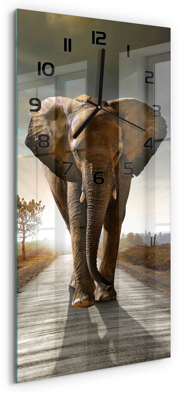 Tulup Wandklok - Wandelende olifant Moderne Wandklok Glas - 30x60 cm - Bruin Wandklok Glas Decoratie - Zwarte handen - Rechthoekige Klok - Glazen Wandklok Design - Klok Glas Met Opdruk