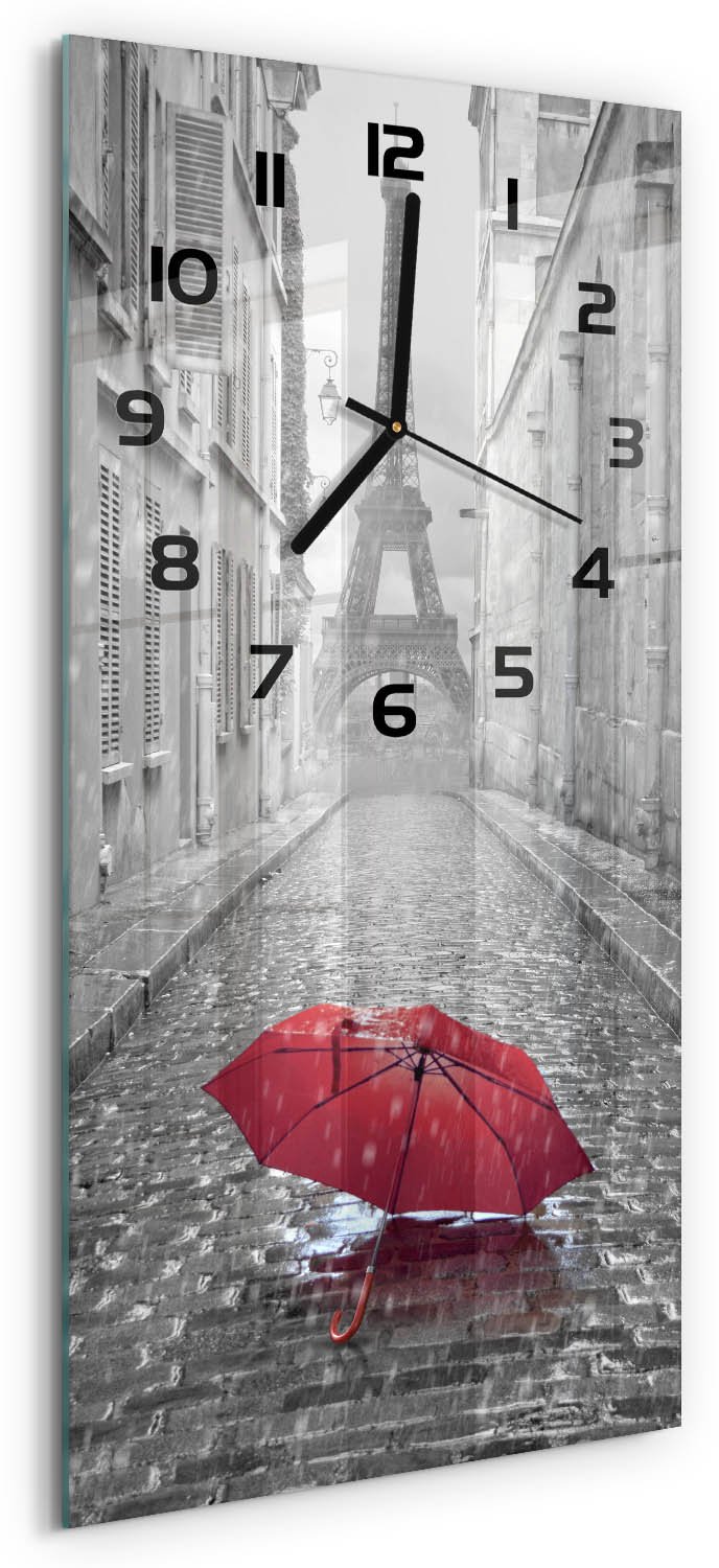 Tulup Wandklok - Paraplu Frankrijk Moderne Wandklok Glas - 30x60 cm - Rood Wandklok Glas Decoratie - Zwarte handen - Rechthoekige Klok - Glazen Wandklok Design - Klok Glas Met Opdruk