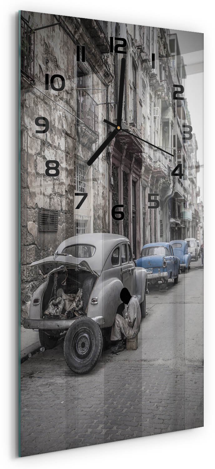 Tulup Wandklok - Havana Klok Glas Met Opdruk - 30x60 cm - Blauw Moderne Wandklok Glas - Zwarte handen - Rechthoekige Klok - Decoratieve Glazen Klok - Glazen Wandklok Design