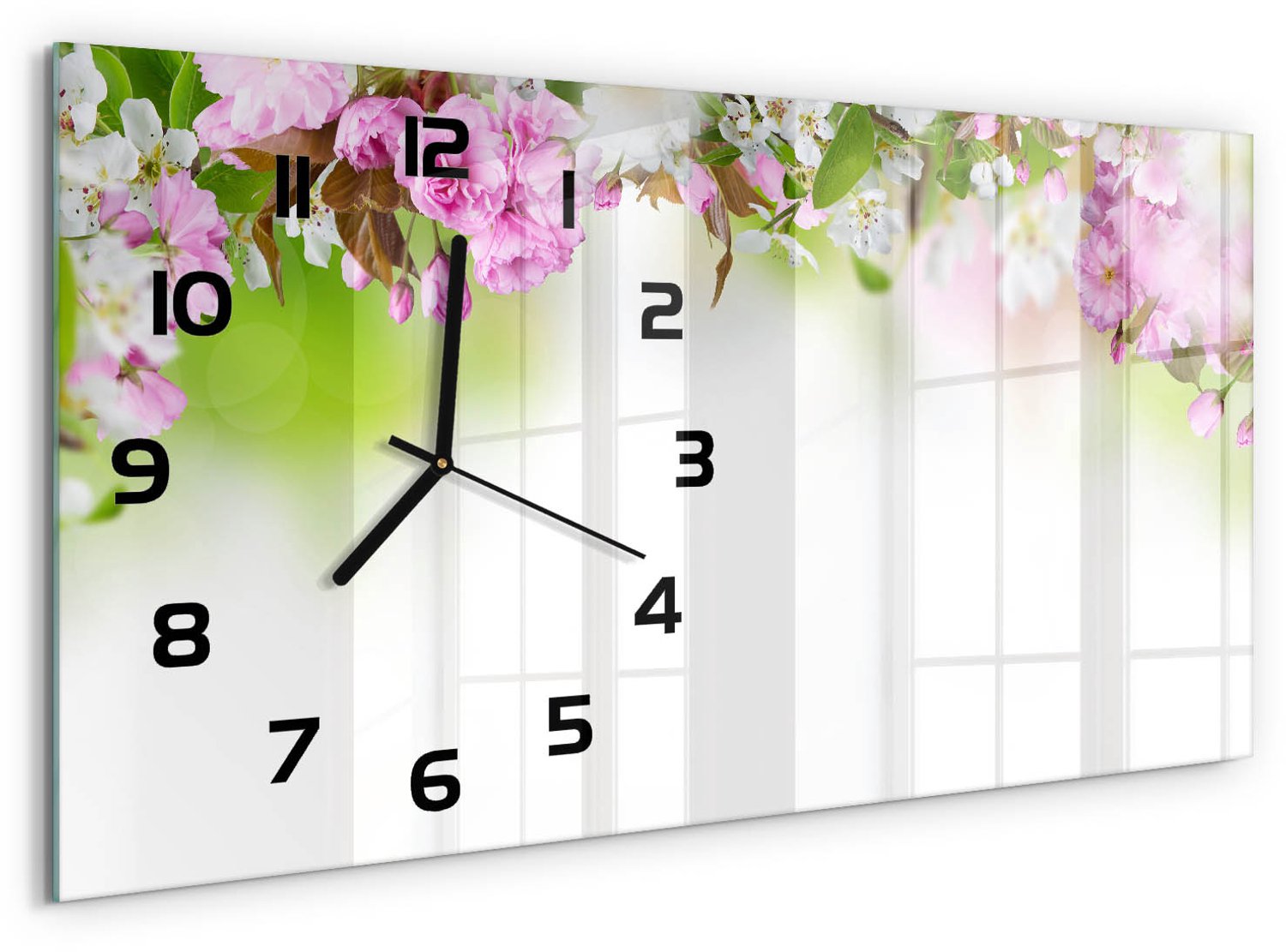 TULUP Wandklok - Lentebloemen Glazen Klok Met Print - 60x30 cm - Veelkleurig Wandklok Glas Met Motief - Zwarte handen - Rechthoekige Klok - Wandklok Glas Decoratie - Gekleurde Glazen Klok