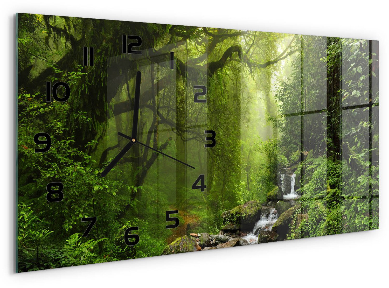 TULUP Wandklok - Oerwoud in Nepal Glazen Klok Met Print - 60x30 cm - Groente Wandklok Glas Met Motief - Zwarte handen - Rechthoekige Klok - Wandklok Glas Decoratie - Gekleurde Glazen Klok