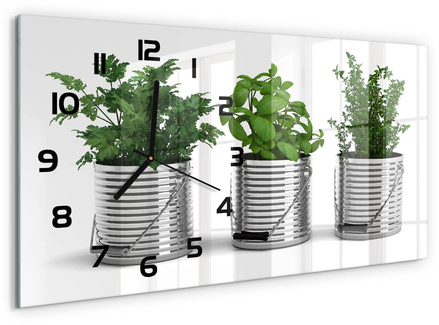 TULUP Wandklok - Aromatische planten Gekleurde Glazen Klok - 60x30 cm - Groente Glazen Klok Met Print - Zwarte handen - Rechthoekige Klok - Moderne Wandklok Glas - Wandklok Glas Decoratie