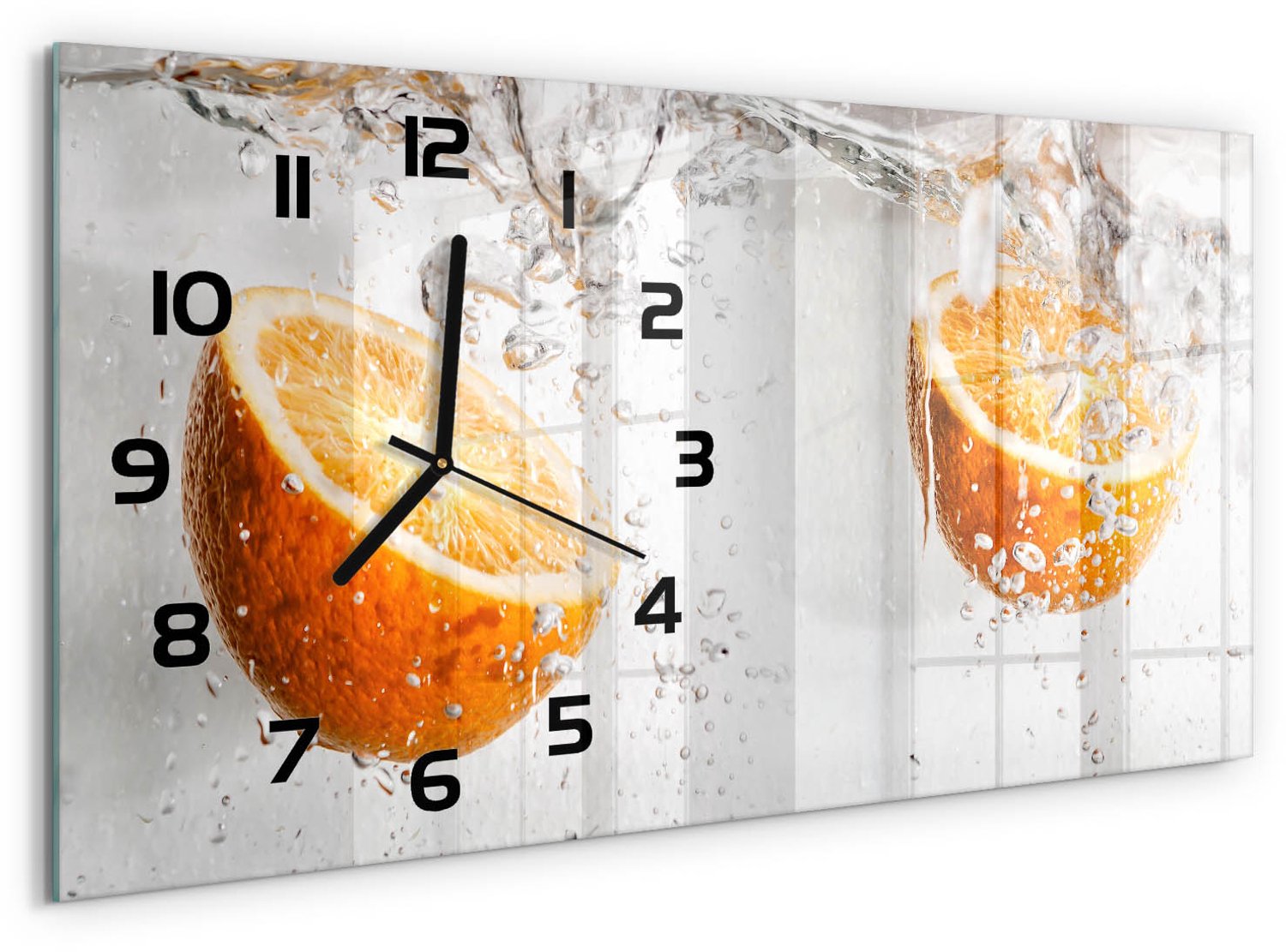 TULUP Wandklok - Sinaasappels onder water Wandklok Glas Decoratie - 60x30 cm - Oranje Gekleurde Glazen Klok - Zwarte handen - Rechthoekige Klok - Klok Glas Met Opdruk - Moderne Wandklok Glas
