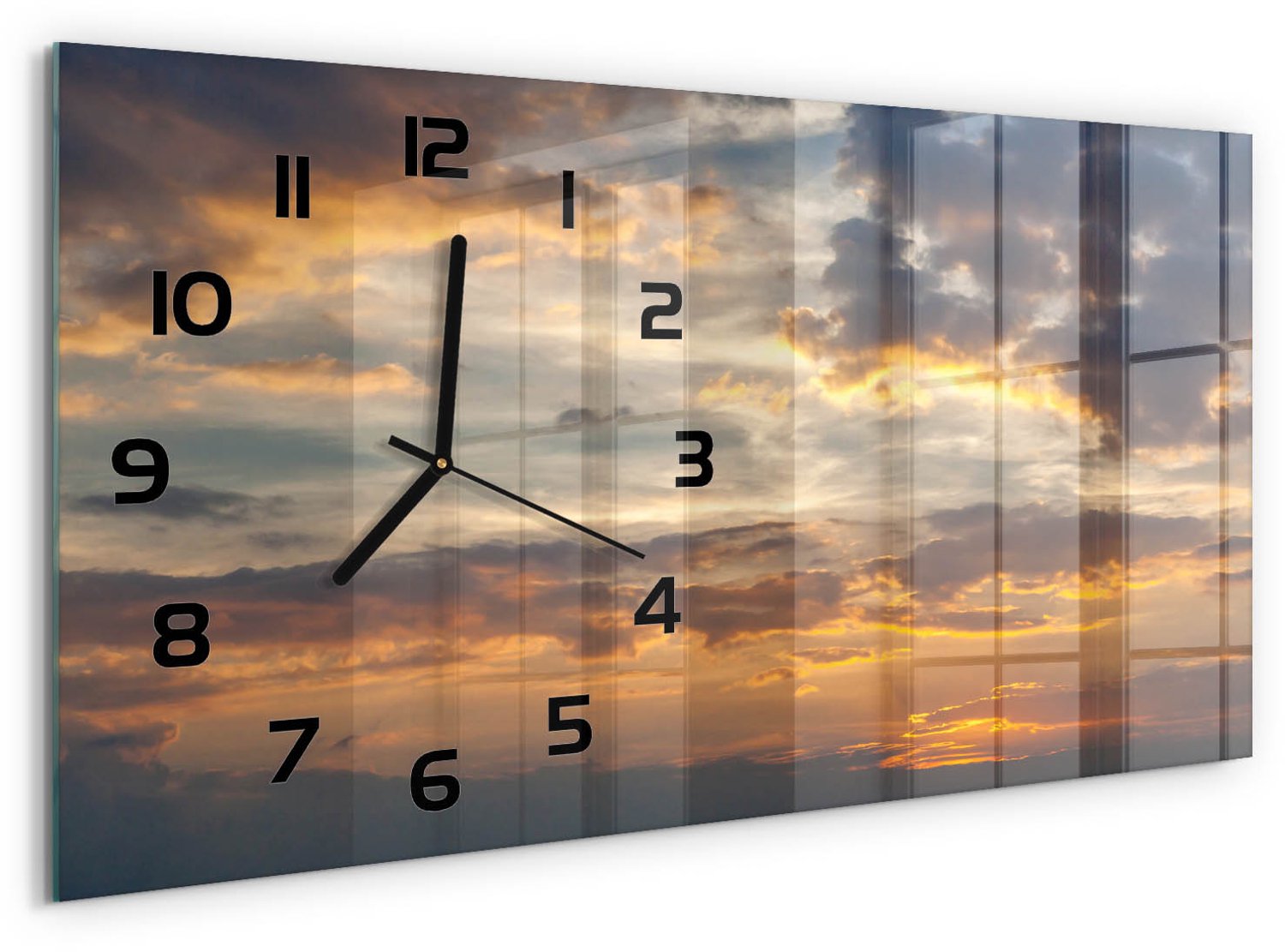 TULUP Wandklok - Zonsondergang Moderne Wandklok Glas - 60x30 cm - Oranje Wandklok Glas Decoratie - Zwarte handen - Rechthoekige Klok - Glazen Wandklok Design - Klok Glas Met Opdruk