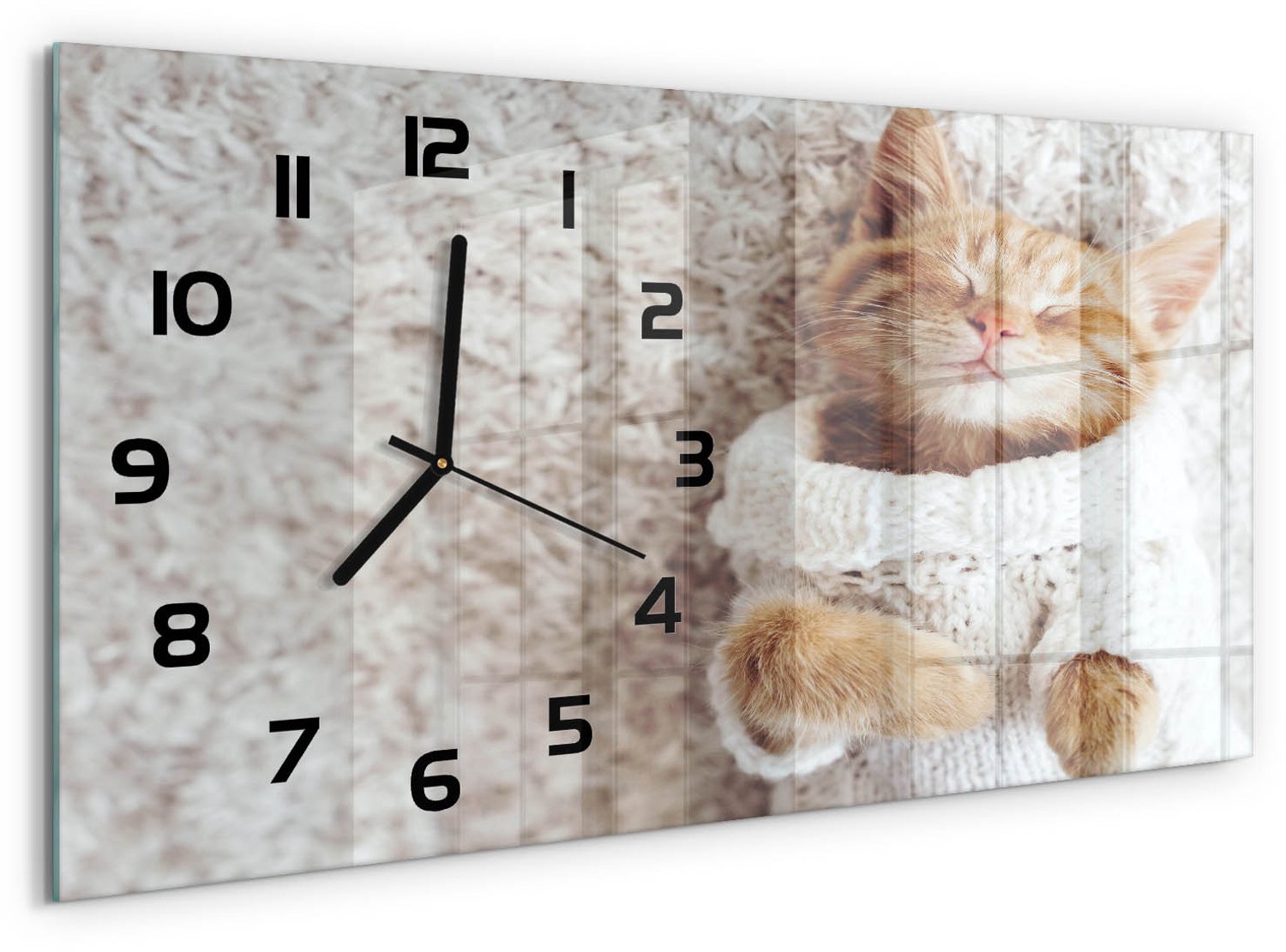 TULUP Wandklok - Katje in een trui Glazen Wandklok Design - 60x30 cm - Beige Klok Glas Met Opdruk - Zwarte handen - Rechthoekige Klok - Wandklok Glas Met Motief - Decoratieve Glazen Klok