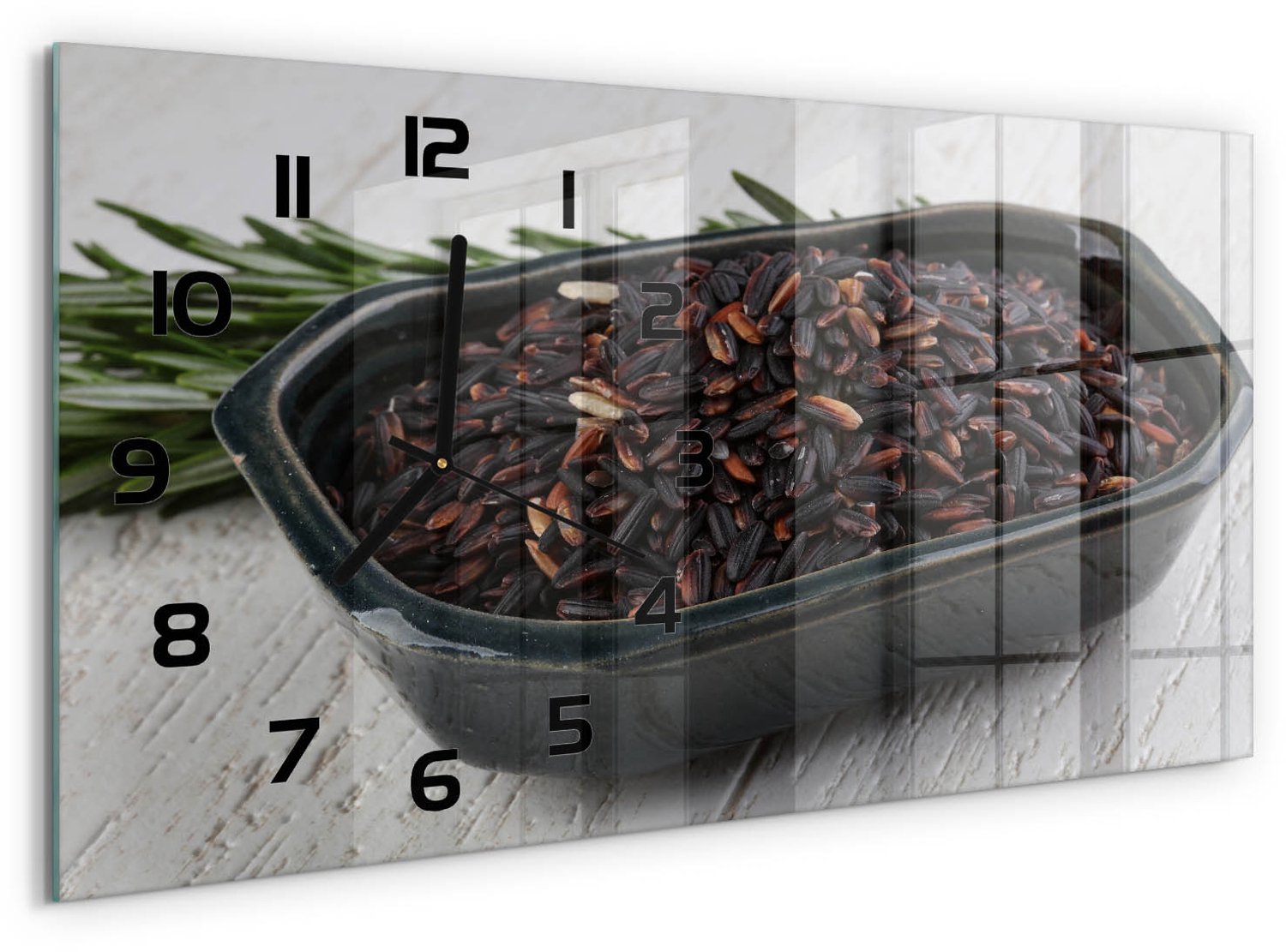 TULUP Wandklok - Wilde rijst in een kom Klok Glas Met Opdruk - 60x30 cm - Bruin Moderne Wandklok Glas - Zwarte handen - Rechthoekige Klok - Decoratieve Glazen Klok - Glazen Wandklok Design
