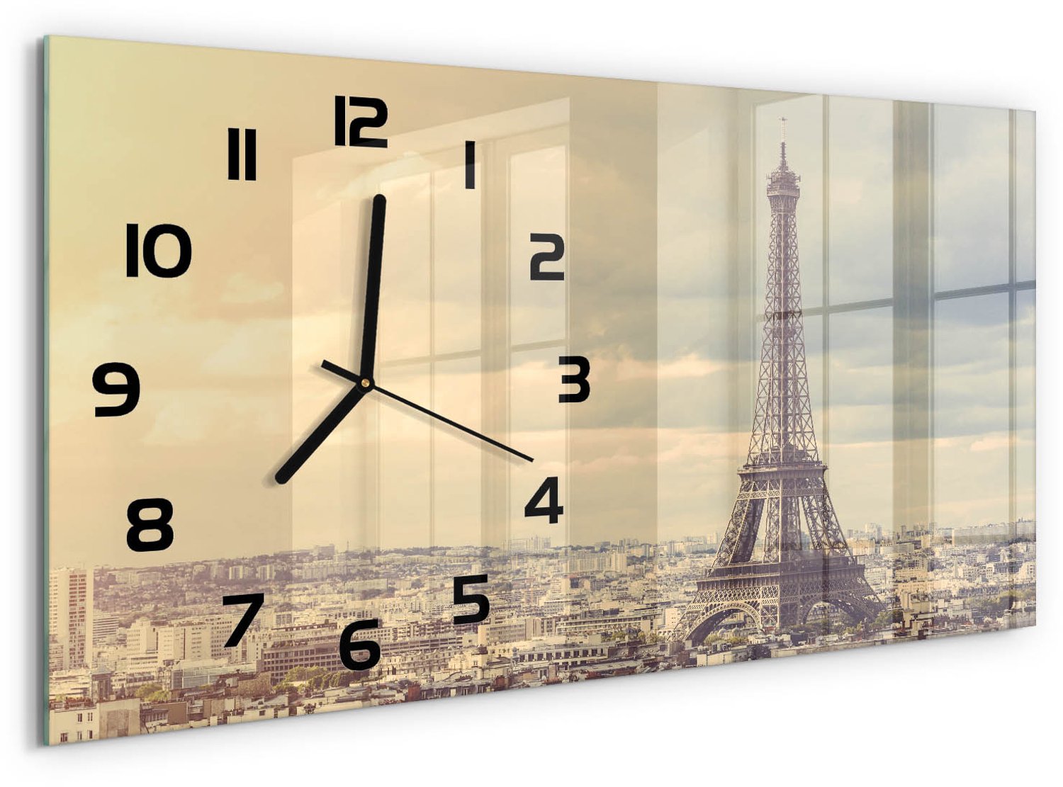 TULUP Wandklok - Eiffeltoren Parijs Wandklok Glas Decoratie - 60x30 cm - Beige Gekleurde Glazen Klok - Zwarte handen - Rechthoekige Klok - Klok Glas Met Opdruk - Moderne Wandklok Glas
