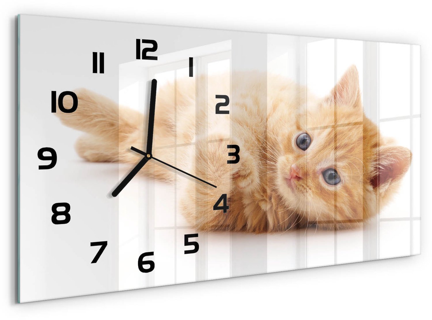 TULUP Wandklok - Rode Kat Gekleurde Glazen Klok - 60x30 cm - Oranje Glazen Klok Met Print - Zwarte handen - Rechthoekige Klok - Moderne Wandklok Glas - Wandklok Glas Decoratie