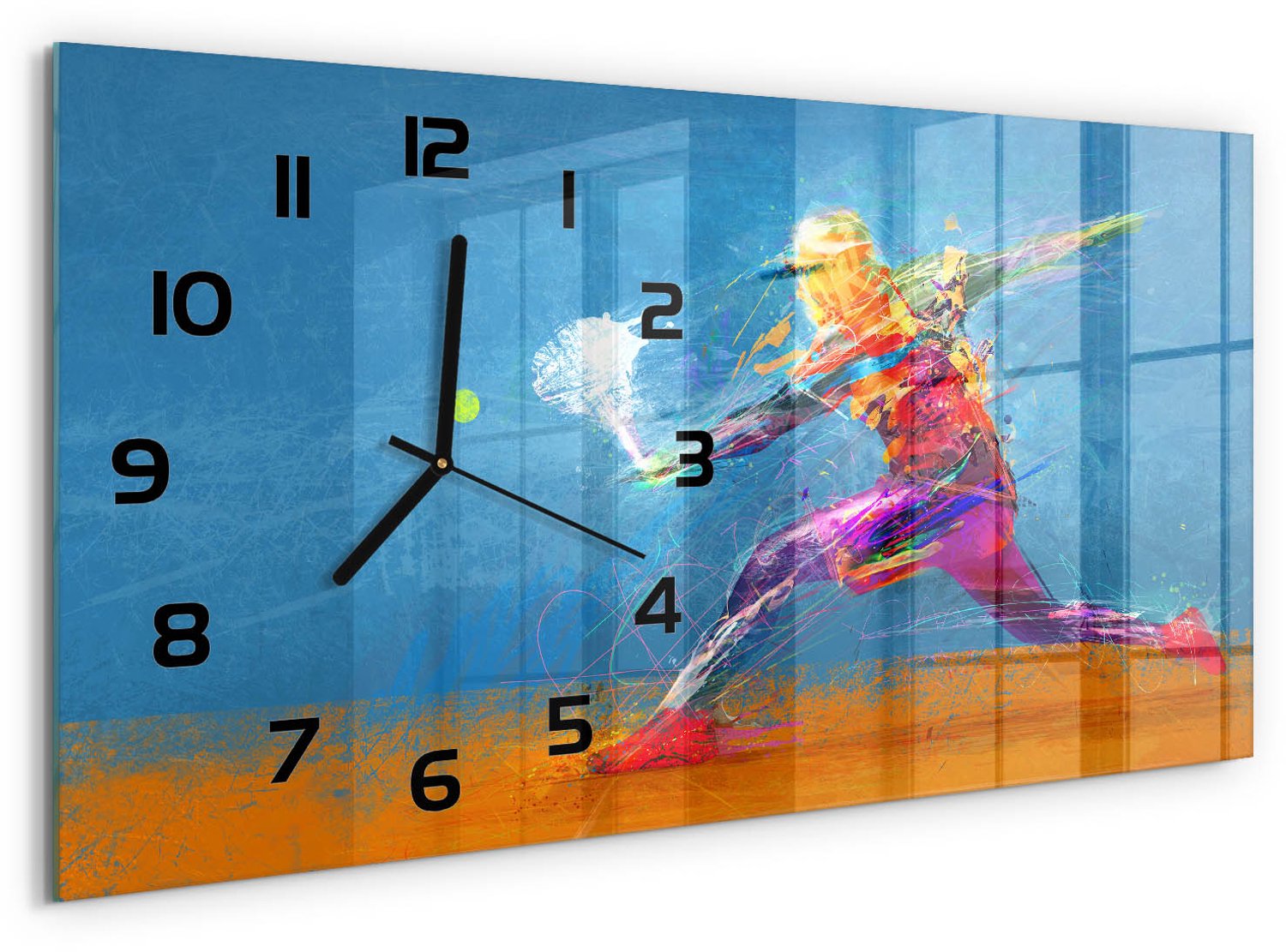 TULUP Wandklok - Tennisspeler Decoratieve Glazen Klok - 60x30 cm - Veelkleurig Glazen Wandklok Design - Zwarte handen - Rechthoekige Klok - Glazen Klok Met Print - Wandklok Glas Met Motief