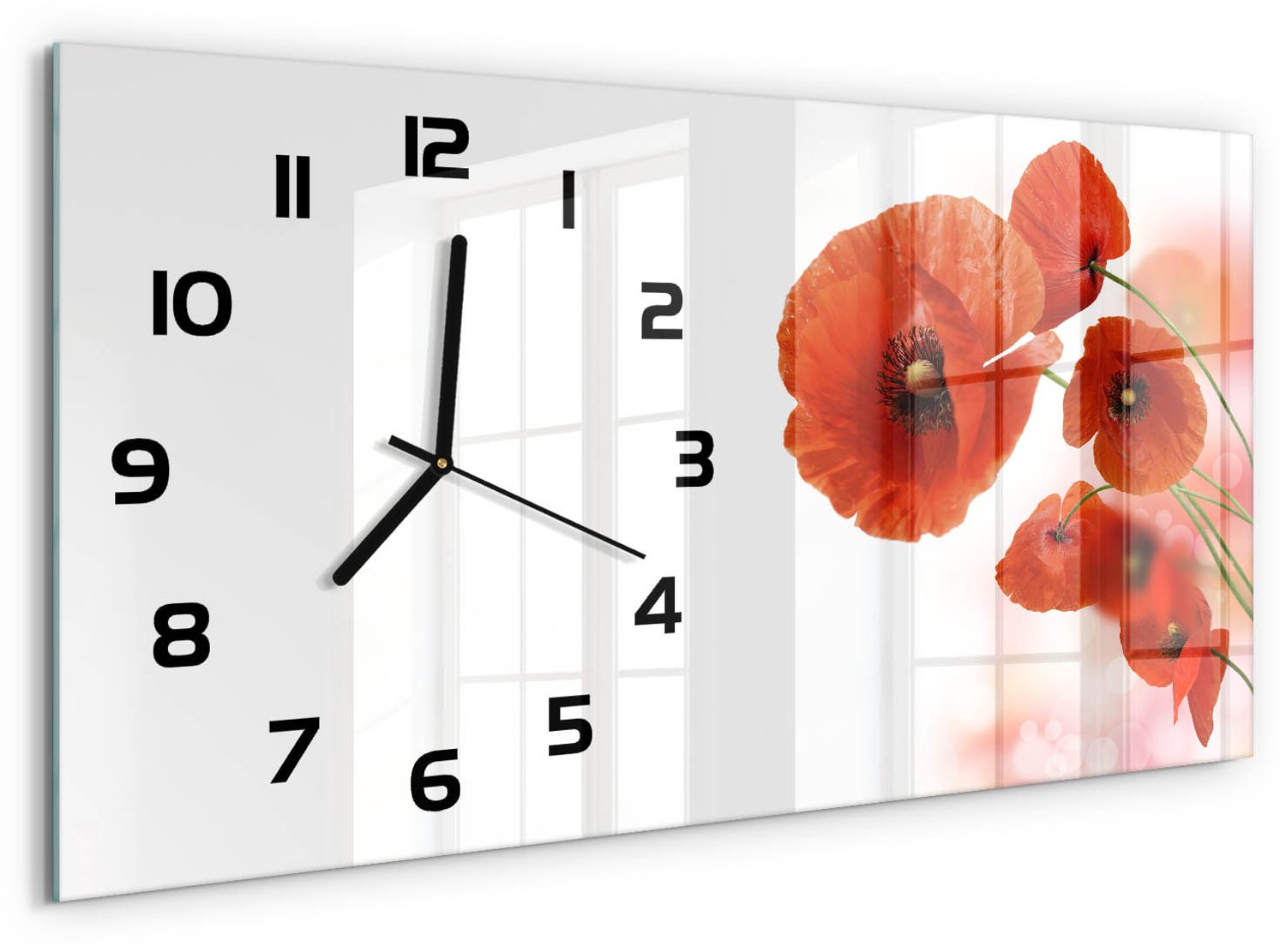 TULUP Wandklok - Klaprozen Klok Glas Met Opdruk - 60x30 cm - Rood Moderne Wandklok Glas - Zwarte handen - Rechthoekige Klok - Decoratieve Glazen Klok - Glazen Wandklok Design