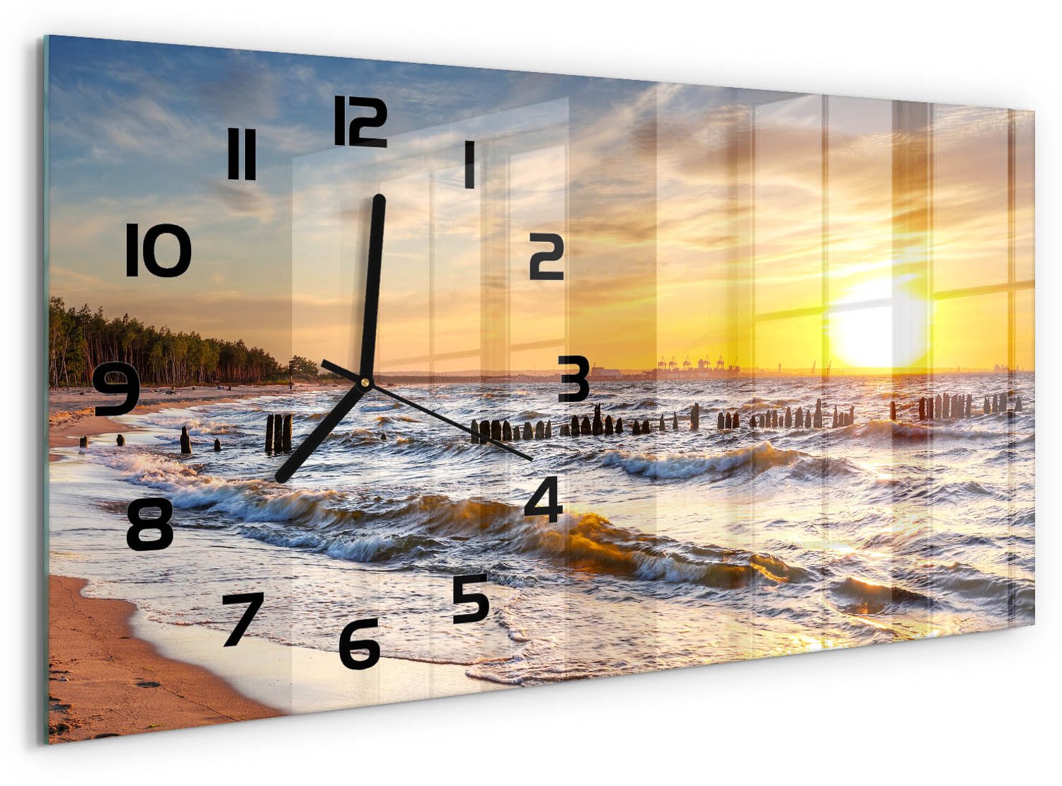TULUP Wandklok - Zonsondergang op het strand Decoratieve Glazen Klok - 60x30 cm - Geel Glazen Wandklok Design - Zwarte handen - Rechthoekige Klok - Glazen Klok Met Print - Wandklok Glas Met Motief