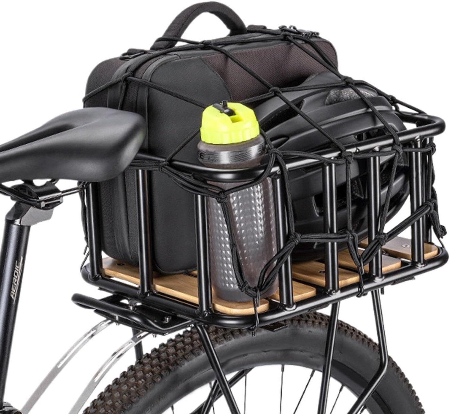 Achter voor fiets, bagagedrager achterwiel van hout, fietsendrager met transportnet, voor fietsen, lasttransport, kisten