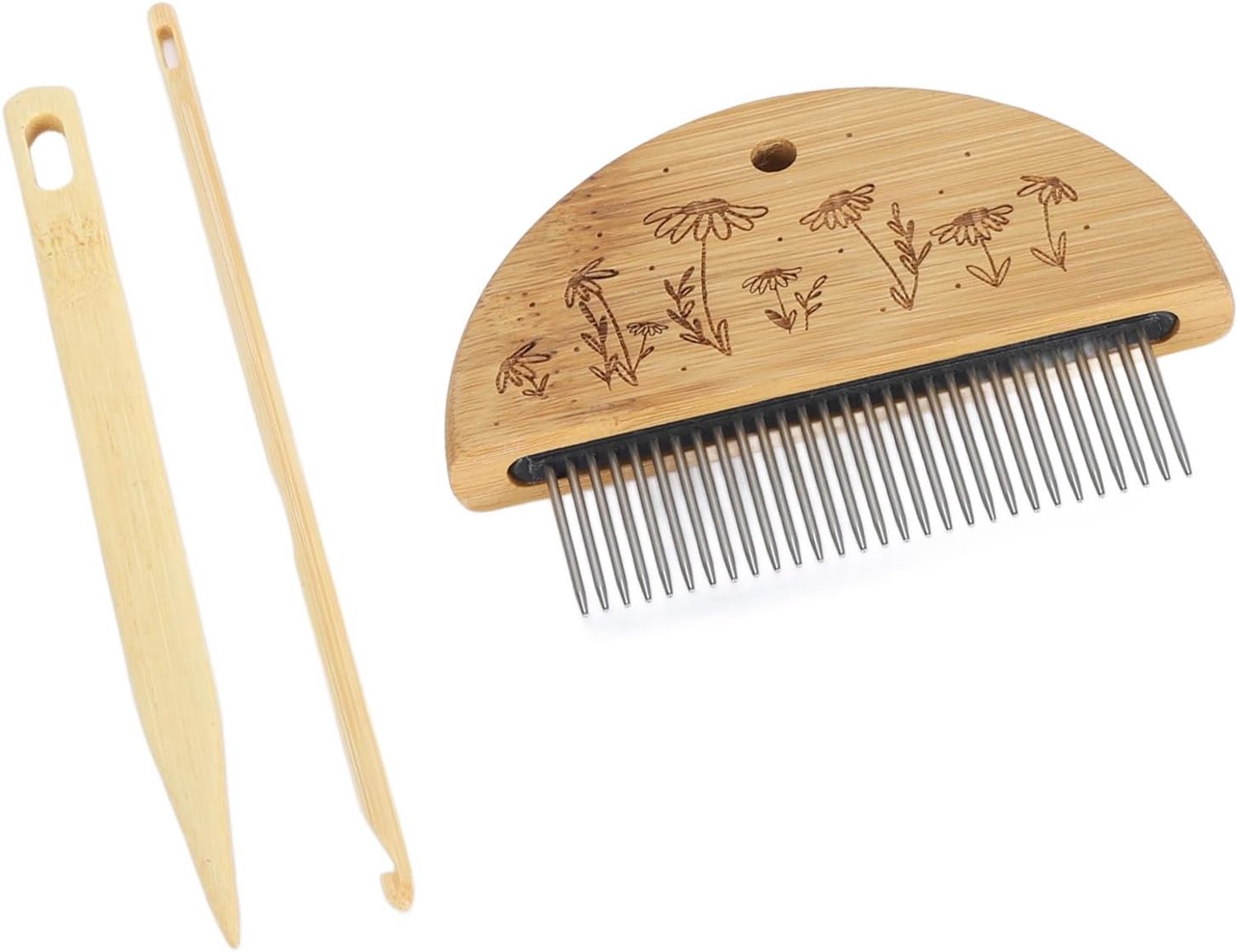 Houten Weefgetouw Kam Duurzame Bamboe Loom Kam Set voor Crafts Tool, voor Breiliefhebbers, Roestvrij Staal, 3.9x3.0in (Bamboehout, roestvrij staal 2)