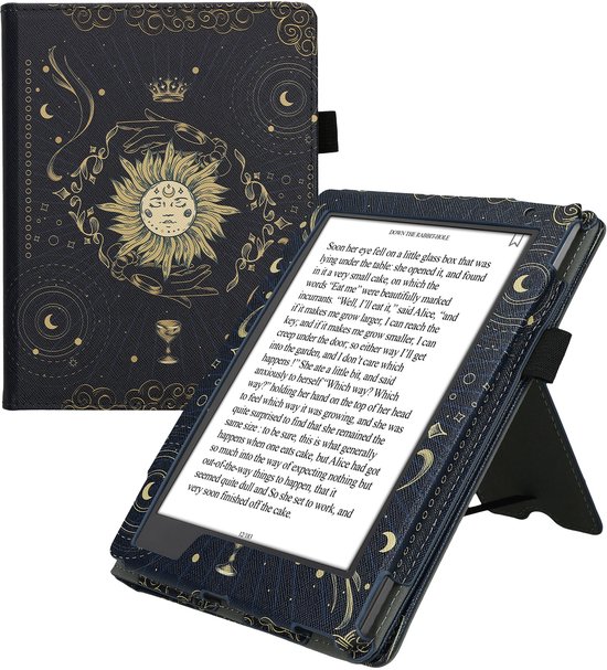 kwmobile e-reader hoesje geschikt voor Kobo Aura H2O Edition 2 hoes - E reader flip case van kunstleer - Ereader cover met stand - Tarotkaart design in donkerblauw / geel / zwart — afbeelding 4