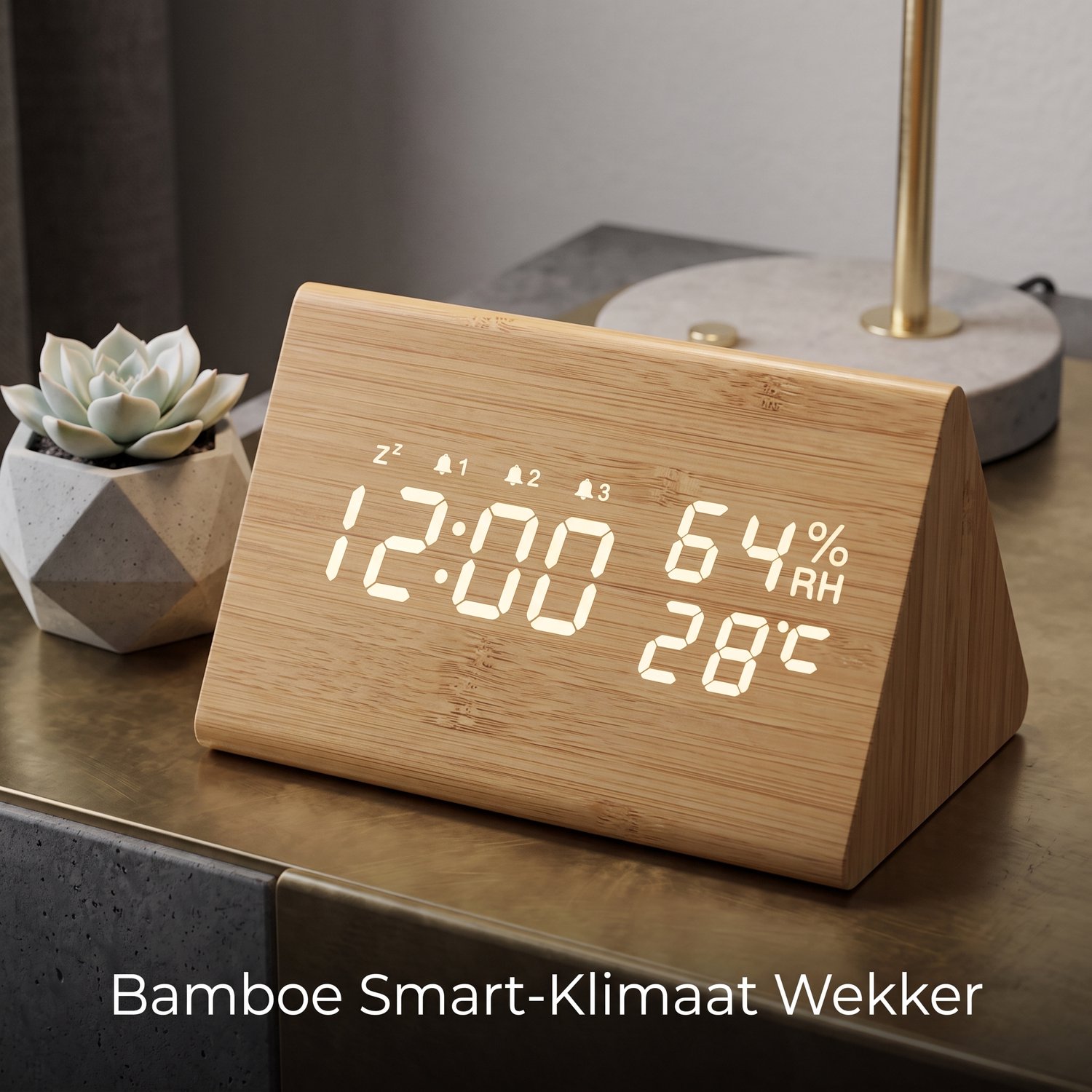 Radiogestuurde Digitale Houten Wekker (DCF) – Automatische Tijdsynchronisatie – LED Tafelklok met Temperatuur & Luchtvochtigheid – 3 Alarmen & Weekendstand – Dimbaar – USB-C